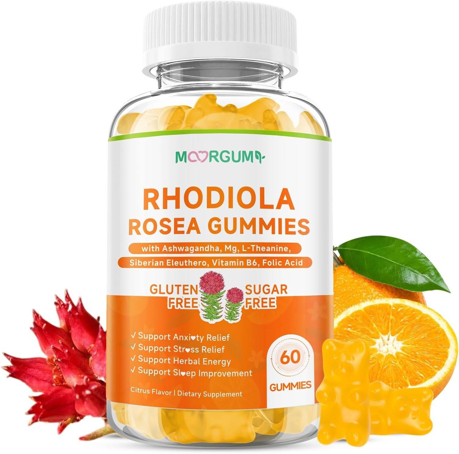 Rhodiola Rosea Gummies for Adults & Kids-Adaptogenic Herb-Daily Wellness, Emotions, Slumber Support, with Ashwagandha, Magnesium Glycinate, Siberian Eleuthero Supplements for Women & Men, 60 Count