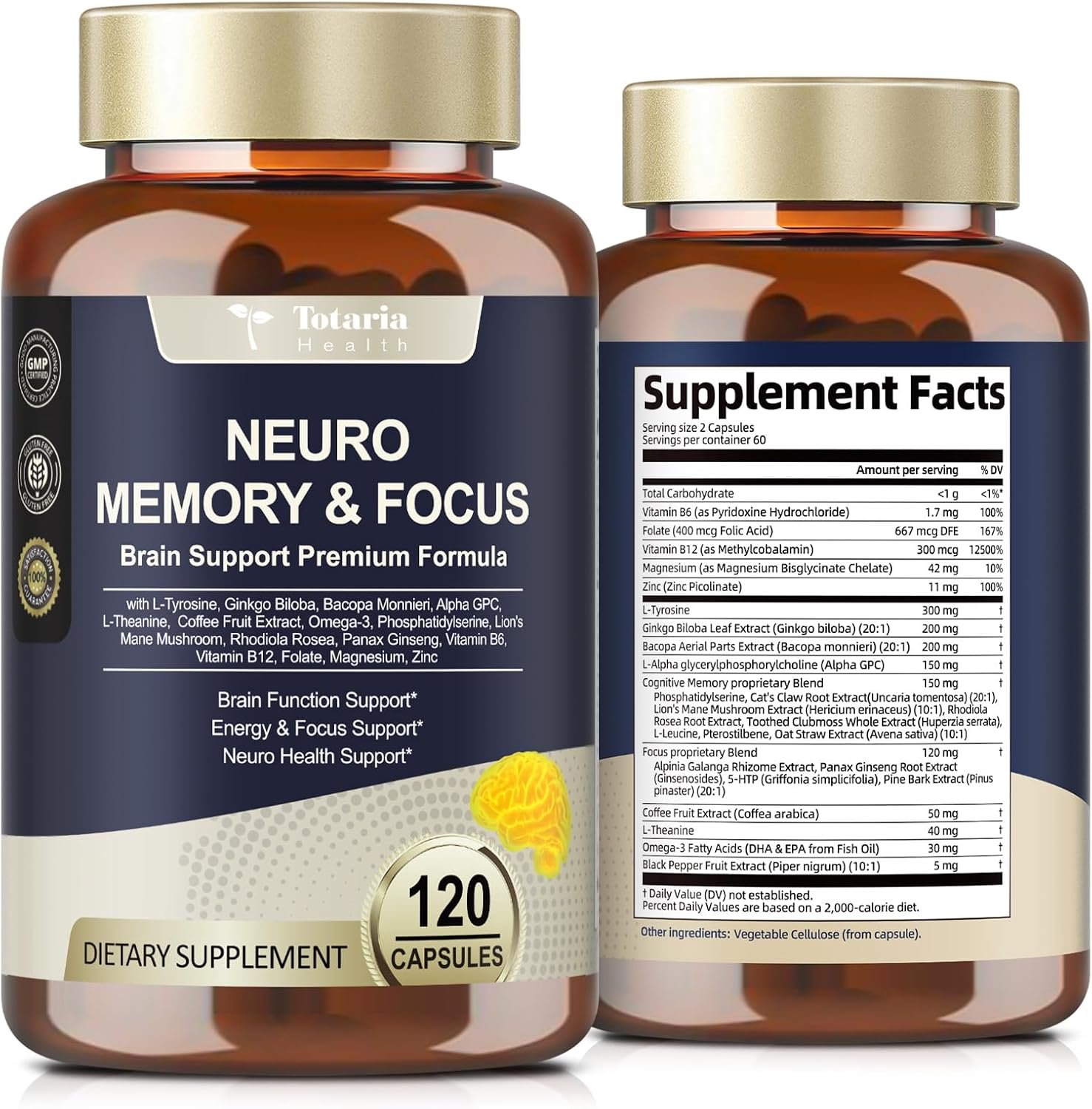 Totaria Brain Supplements for Memory and Focus, Brain Health with L-Tyrosine, Alpha GPC, Ginkgo Biloba, Bacopa Monnieri, Nootropic Cognitive Support – Non-GMO, Gluten Free (120 Counts)