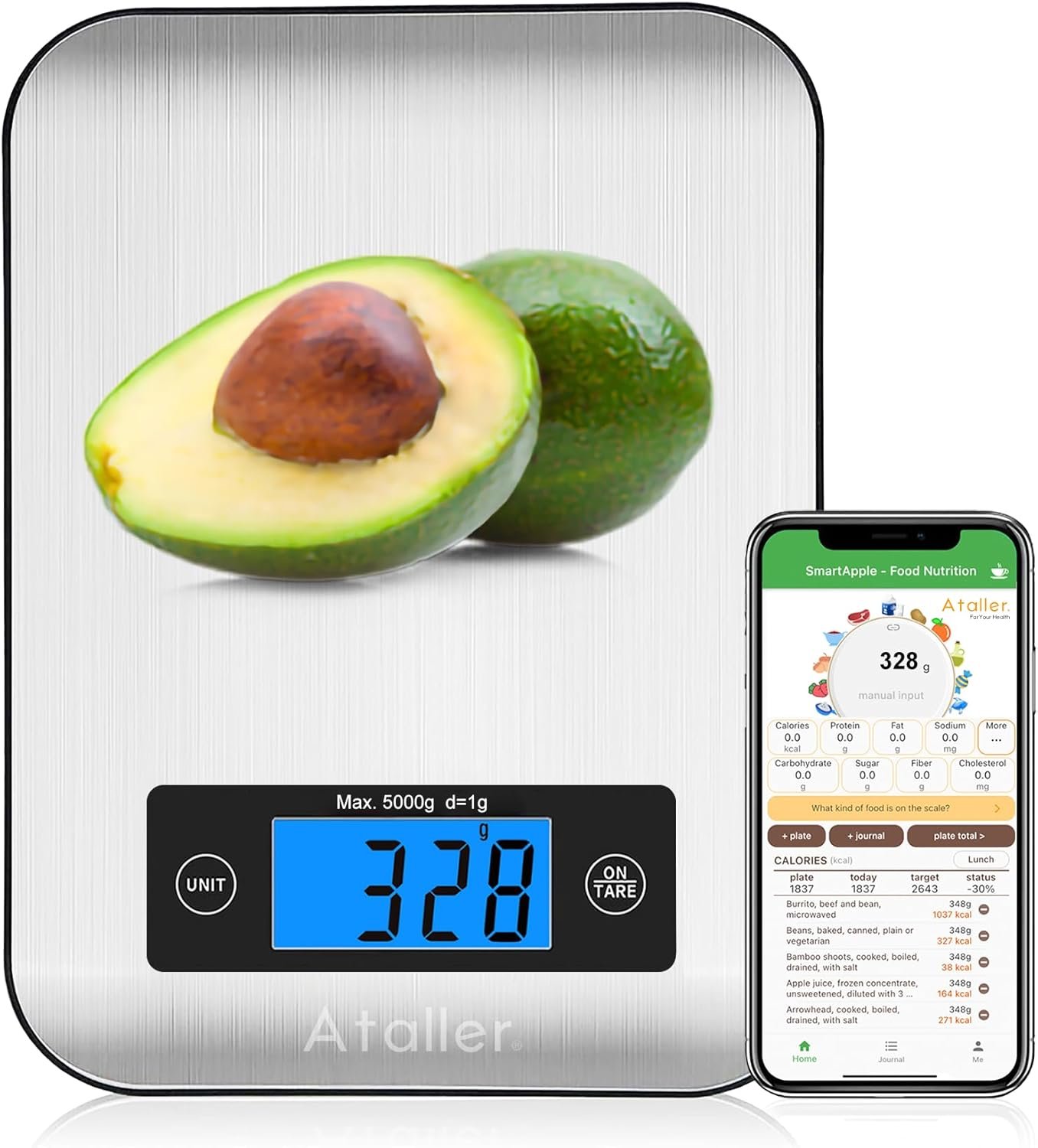 Smart Food Scales with Nutritional Calculator, Smartphone App with 26 Nutrients Tracking, Calorie, Marco, Digital Kitchen Weight Grams and Ounces for Weight Loss, 11 Pounds, Stainless Steel