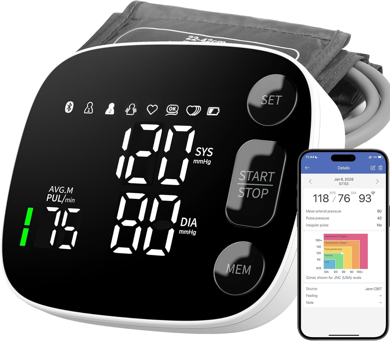 Blood Pressure Monitor Automatic Upper Arm BP Machine for Home Use with Bluetooth App Sync 2×120 Memory Accurate Reading, Large LED Backlit Display Adjustable Cuff 8.7″-16.5″ with Storage Bag