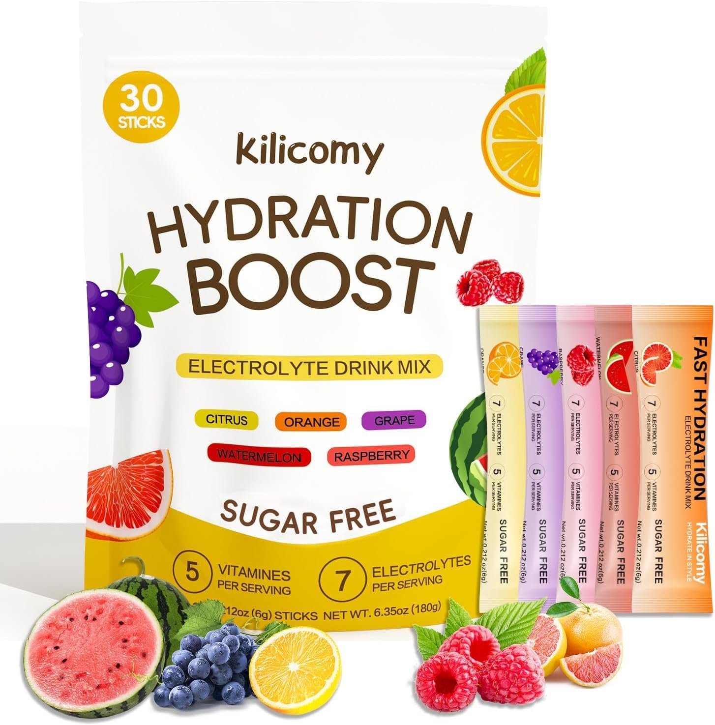 Sugar Free Electrolyte Powder Packets, 5 Vitamins & 7 Electrolytes for Fast Hydration, Keto Friendly, Non-GMO, Certified Vegan, 30 Sticks