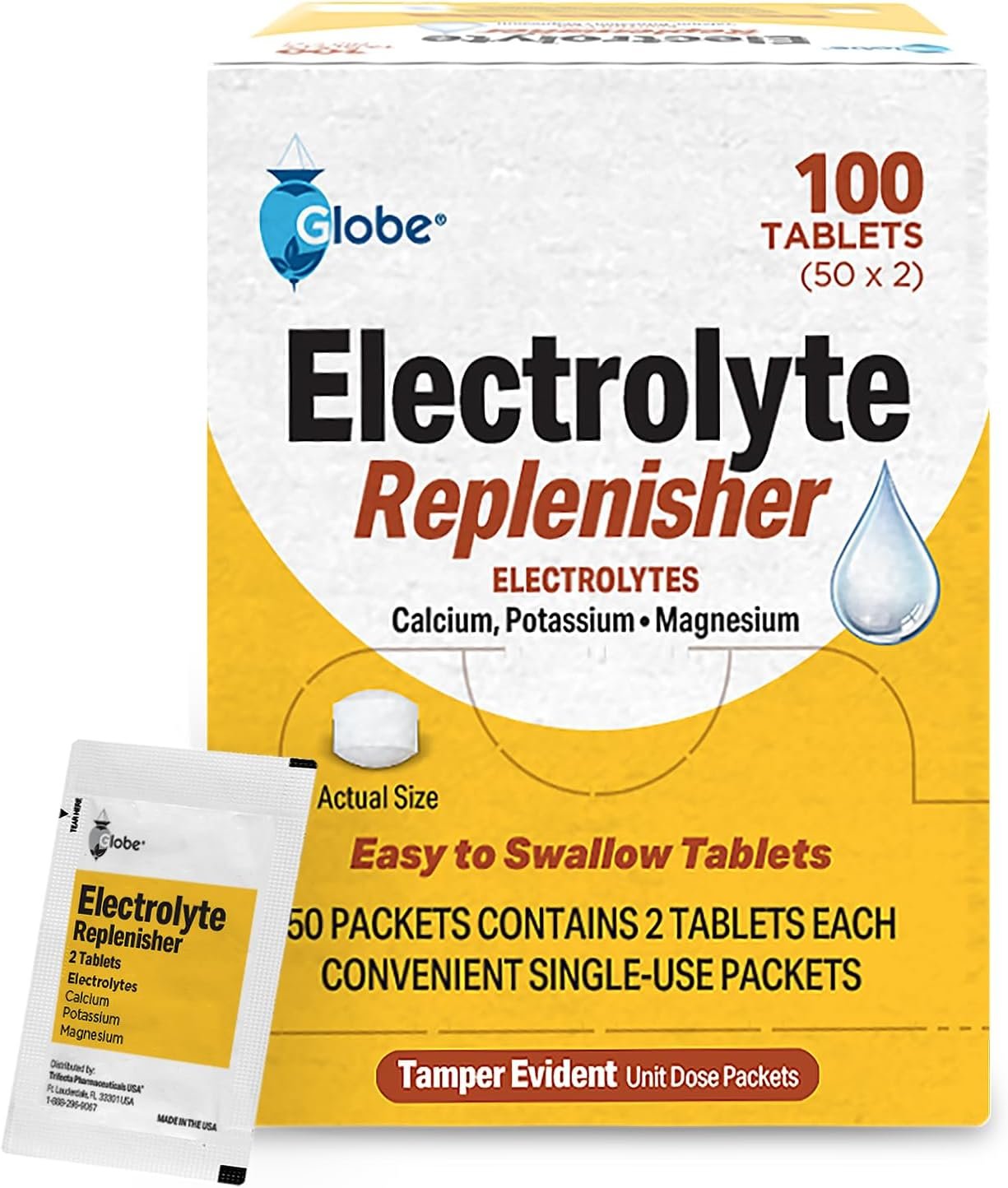 Globe Electrolyte Replacement Tablets for Rehydration, Exercise Recovery, Youth & Adult Athletes, Hiking, Camping, & Sports Recovery and More… 50 Packets of 2 Tablets Each, 100 Count