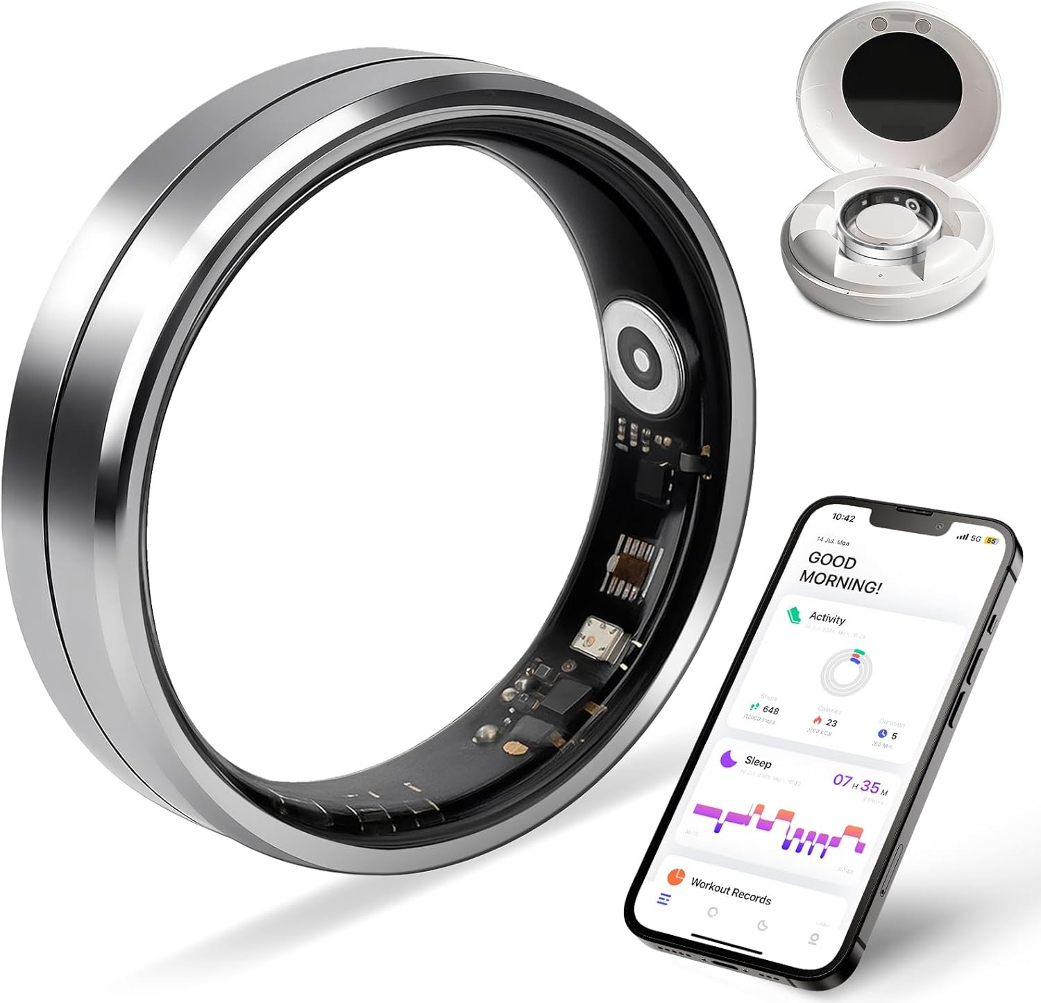 Smart Ring for Women and Men, 5ATM Waterproof Smart Rings Health Tracker with Sleep/Stress/Heart Rate/Activity Monitor, No Subscription, Smart Rings Fitness Tracker for Android iOS, Size 10, Silver