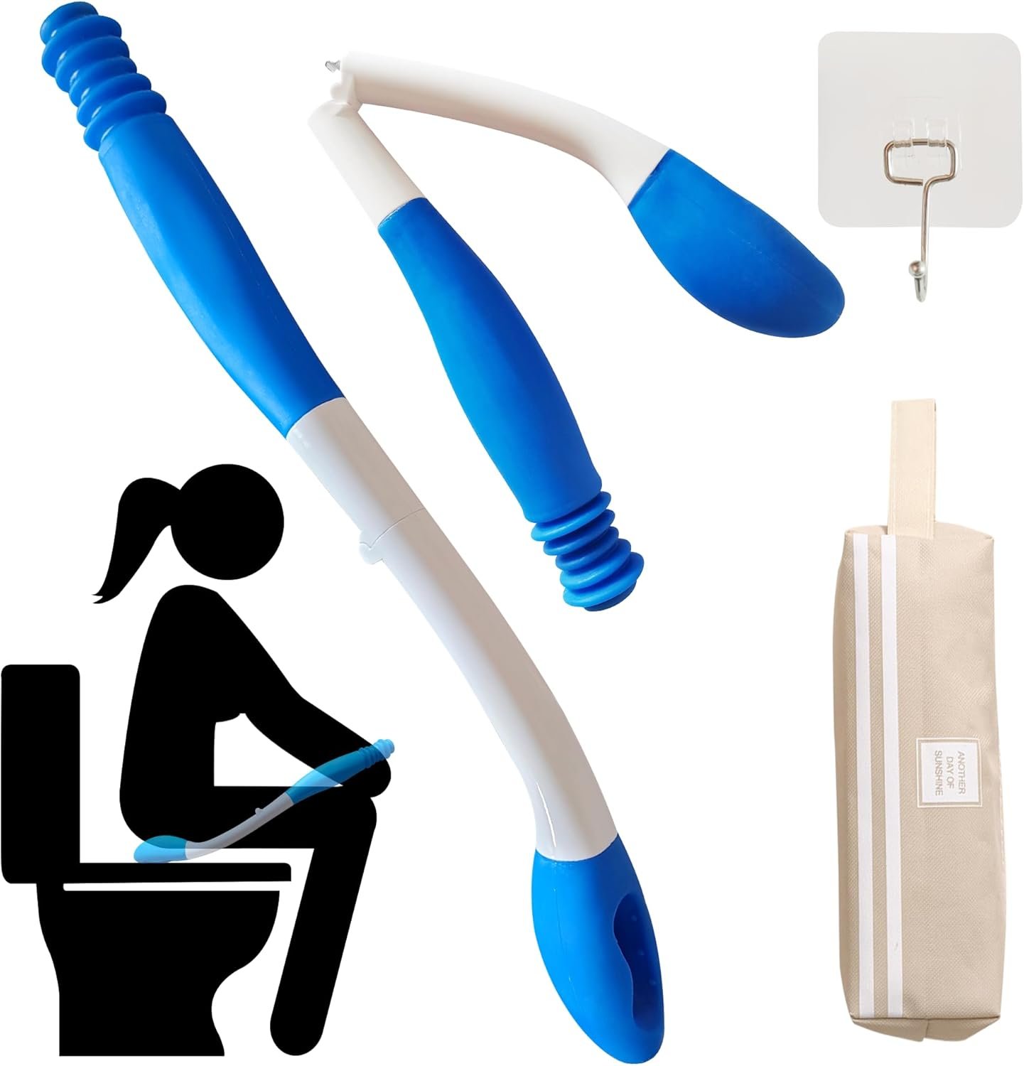 Foldable Bottom Buddy Wiping Aid with Storage Bag & Hook, 15.7″ Long Reach Butt Wiper Toilet Aids for Wiping Bottom, Toilet Assistance for Elderly, Disabled, Overweight, Wiping Aids for Toileting