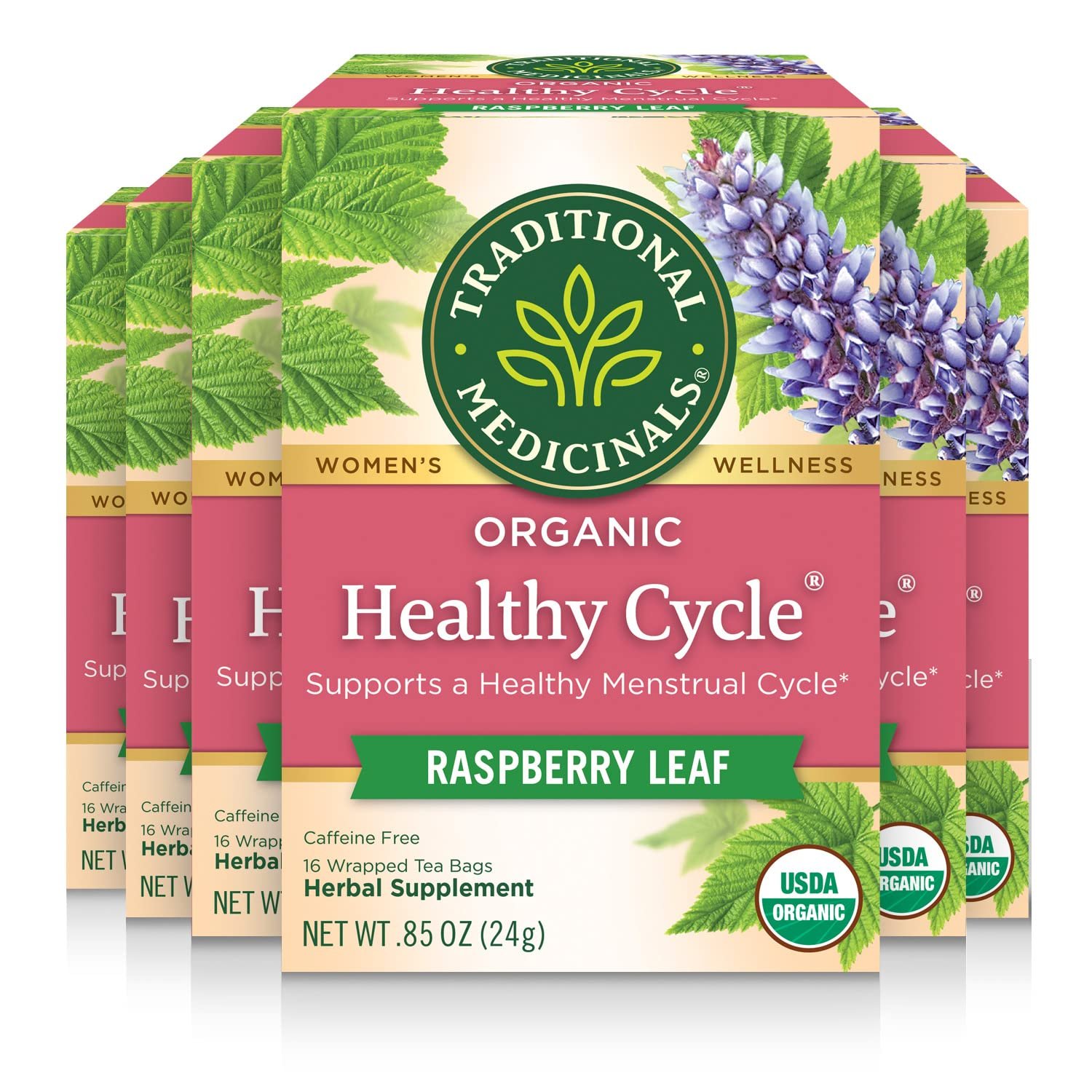 Traditional Medicinals Tea, Organic Healthy Cycle, Supports Healthy Menstrual Cycles, Kosher, Non-GMO, Caffeine-Free, Compostable, 96 Tea Bags (6 Pack)