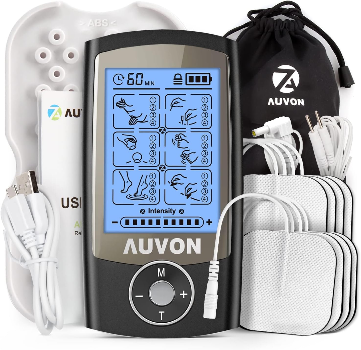 AUVON Rechargeable TENS Unit Muscle Stimulator, 24 Modes 4th Gen TENS Machine with 8pcs 2″x2″ Premium Electrode Pads for Pain Relief