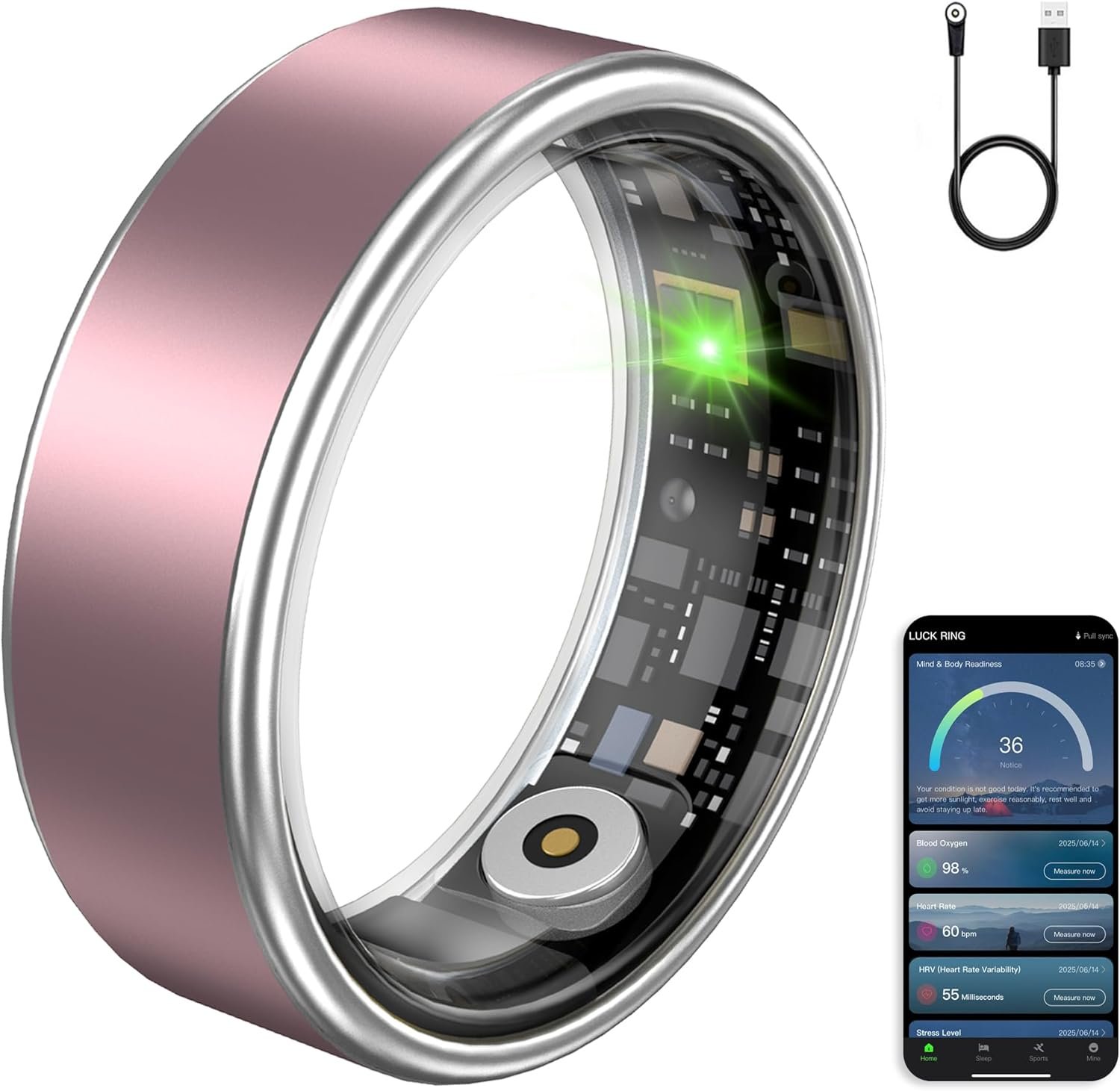 Smart Ring for Women & Men, Fitness Tracker Ring with Heart Rate Monitor, HRV, Sleep Tracking, No Subscription Fee, 10ATM Waterproof Activity Ring for iOS & Android (Matte Pink, 7#)