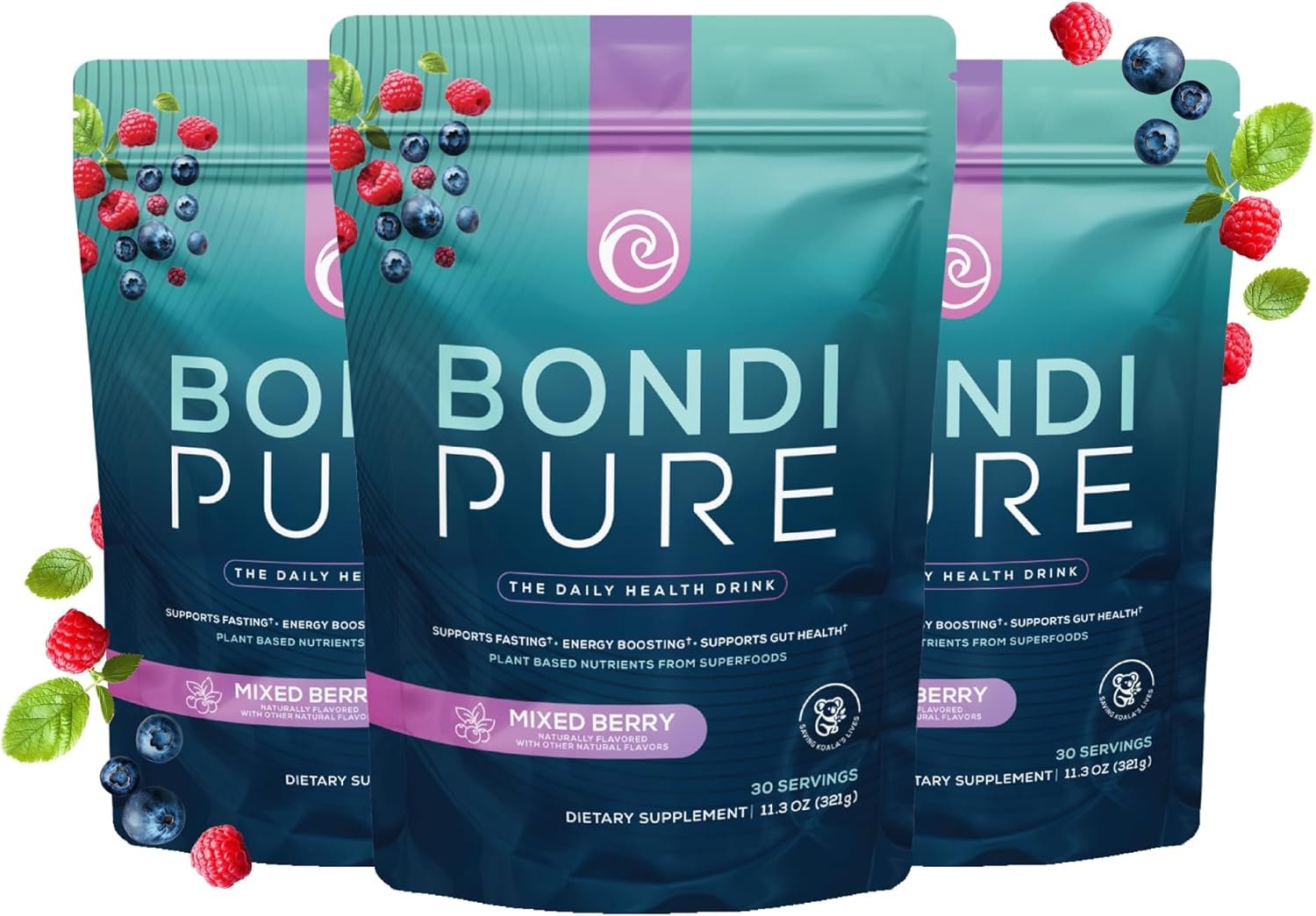 Bondi Pure – Daily Health & Detox Drink – Promote Gut Health & Energy Support During a Cleanse or Intermittent Fasting – Plant-Based Fibers, Alkalizing Super Greens – Berry (30 Servings) 3-Pack