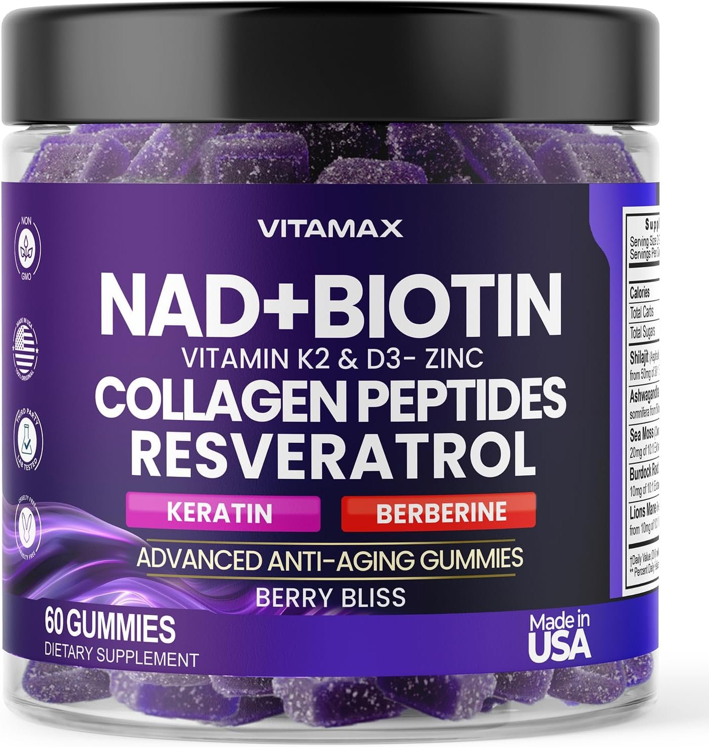 NAD+, Resveratrol, Berberine, & Biotin Anti-Aging Gummy – Hair, Skin, Nails & Joint Supplement – Collagen Peptides, Keratin, Zinc, Vitamin K2 & D3 Gummies -Regeneration- Non-GMO – Made in USA 60 Count