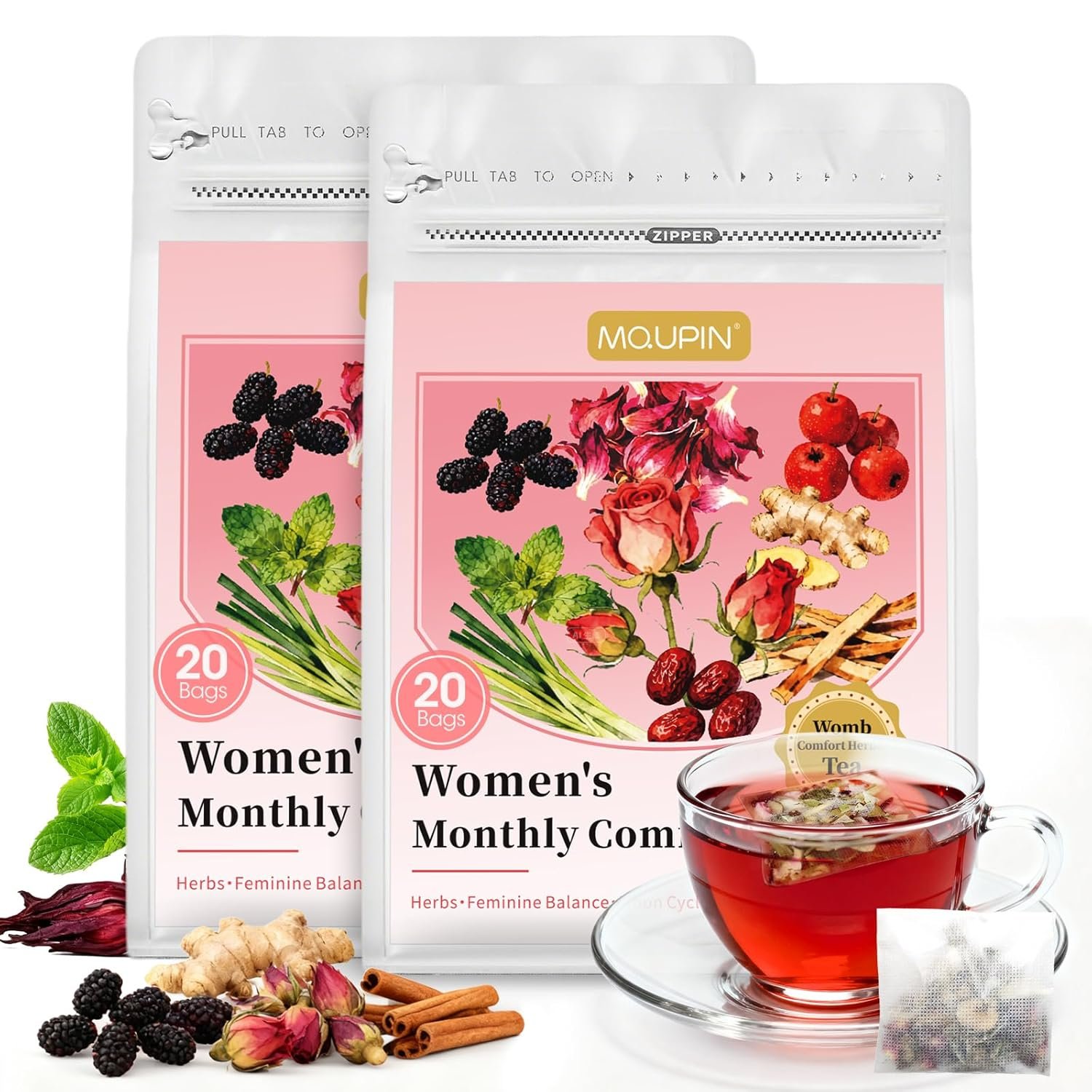 Herbal Tea for Women’s Cycle Comfort – Caffeine-Free Cycle Support with Hibiscus, Ginger & Rose for Natural Soothes, 40 Tea Bags