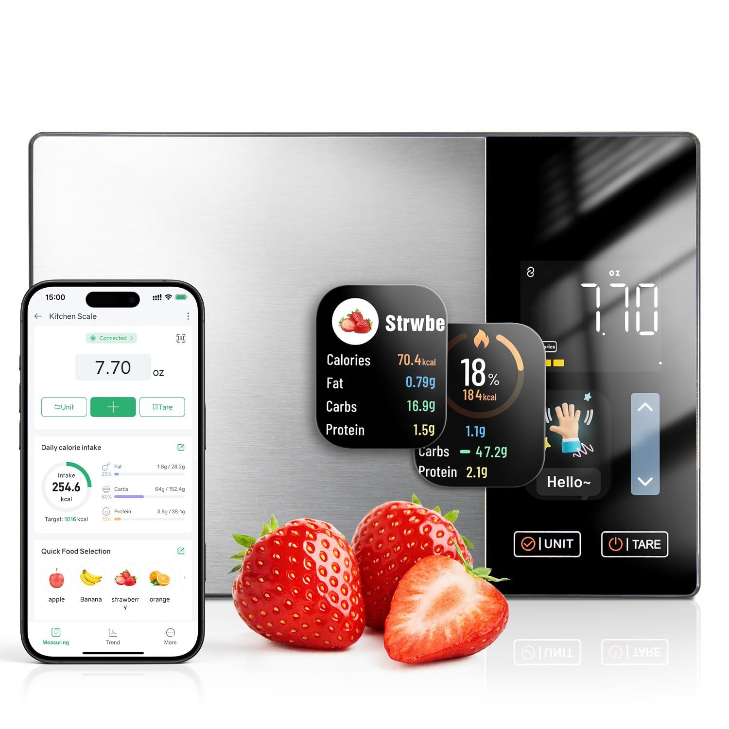 Smart Food Scale with Nutritional Calculator for Kitchen Tracks Calories, Fat, Carbs, Protein & Works with App for Healthy Eating Meal Prep, 50+ Foods & 23 Nutrients Built-in, TFT Display
