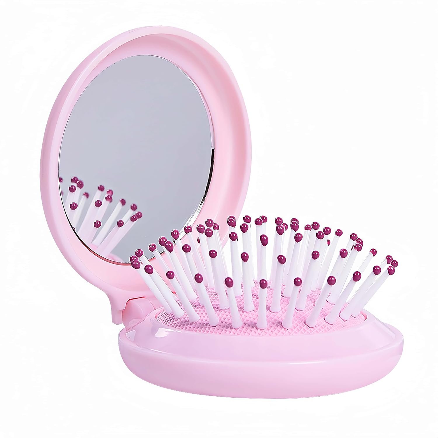Hair Brush with Mirror, Compact Mirror with Mini Hair Brush Set, Folding Hairbrush for Women, Baby Pink