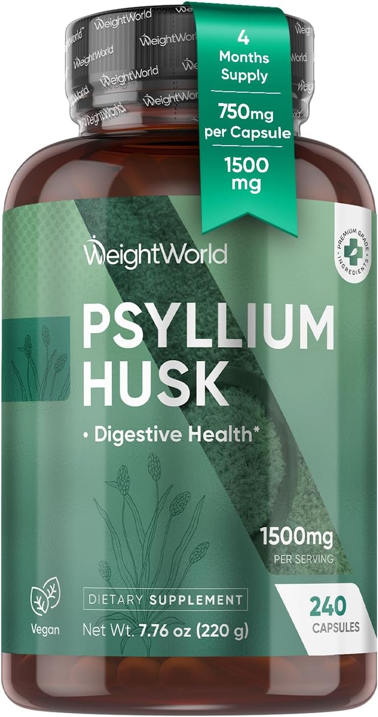 WeightWorld Psyllium Husk Capsules 1500mg (750mg per Cap) | Prebiotics & Soluble Fiber Supplement for Regularity & Digestive Health – 240 Vegan Psyllium Husk Powder Capsules, Non-GMO, Gluten-Free