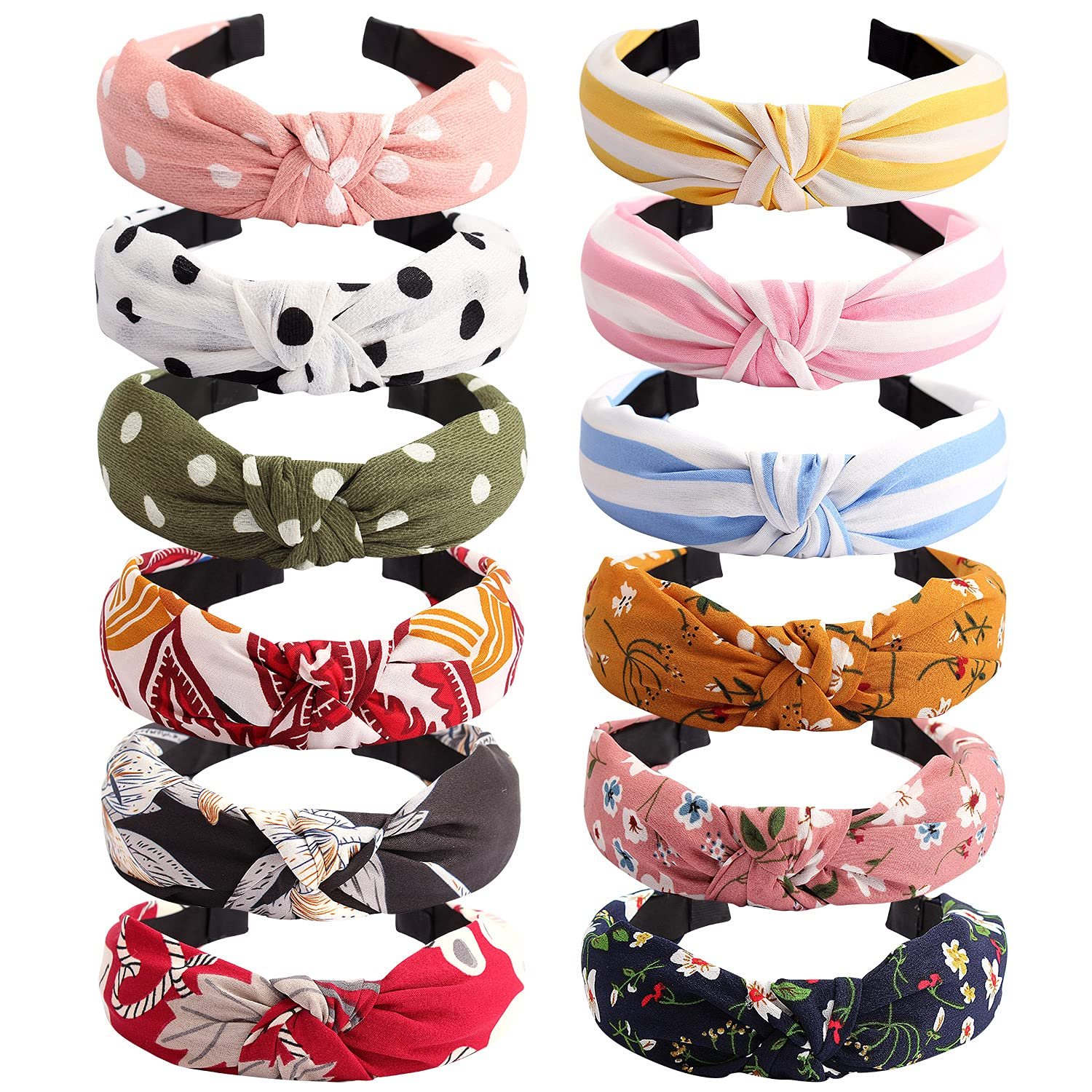 VELSCRUN Hairband – 12 Pack Wide Knotted Headbands for Women – Elastic Turban Boho Bandeau Hair Accessories for Washing Face, Yoga, Running, Hiking, Party, Traveling, Shopping