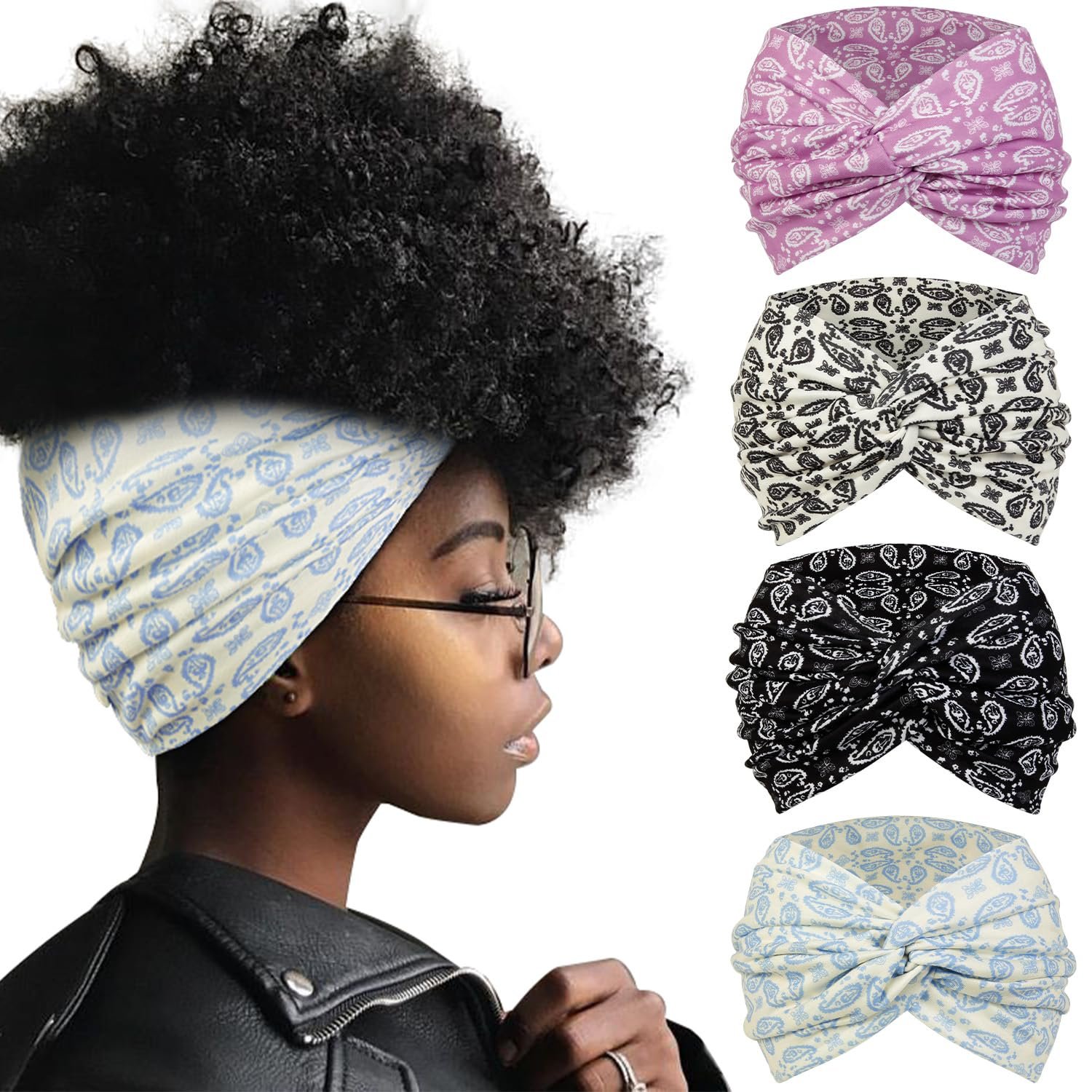 Tobeffect 7 Inches Extra Wide Headbands for Women, 4 Packs Boho Large Turban Head Bands Womens Fashion Bandana Headband Sport Workout Yoga Hairband African Knotted Headwraps
