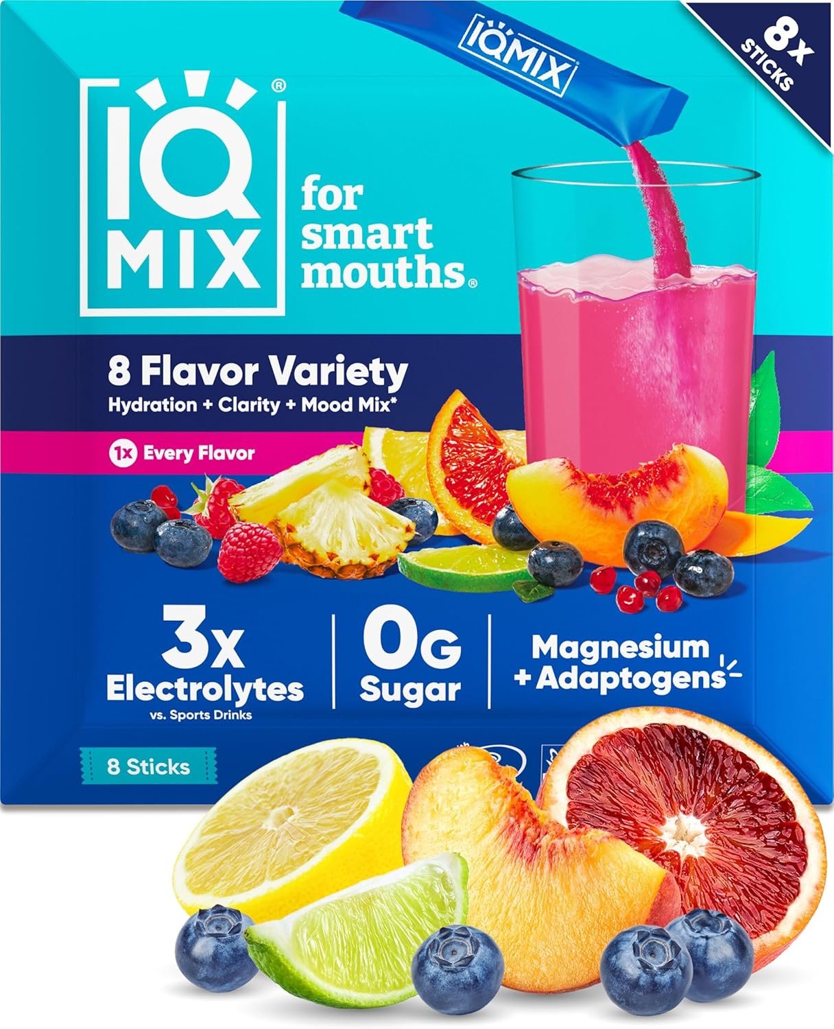IQMIX Hydration Electrolyte Powder – 4-in-1 Formula for Hydration, Mental Clarity, Mood & Recovery – Sugar-Free, Keto Drink Mix with Magnesium L-Threonate & Lion’s Mane – 8-Count Sampler (All Flavors)