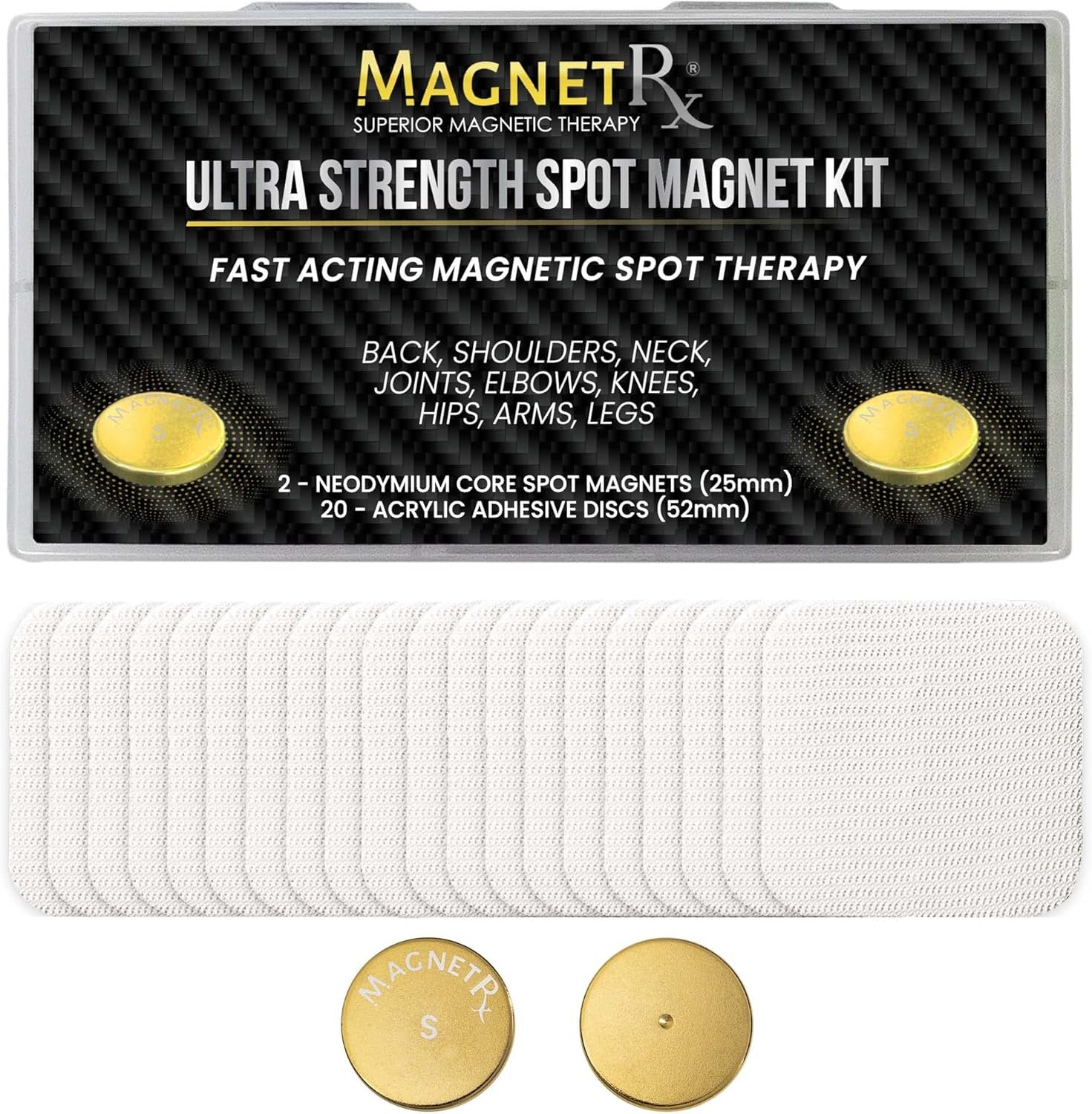 MagnetRX® Magnetic Spot Kit – Ultra Strength Body Magnets 14,200 Gauss – Effective Large Magnets for Body, Back, Shoulders, Knee, HIPS, and Neck (2 Magnets + 20 Adhesives)