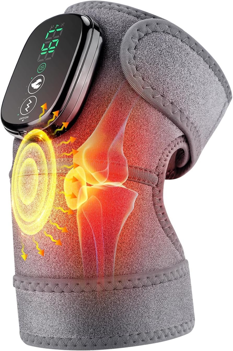 Cordless Heated Knee Massager, FSA Eligible 3-in-1 Wearable Wrap for Knee, Elbow and Shoulder, 5000mAh Rechargeable Heat and Vibration Massager, Gray, 1 Pack