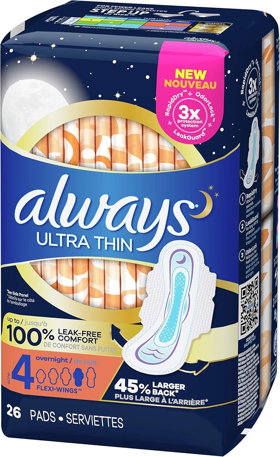 Always Ultra Thin Feminine Pads for Women with Wings, Size 4, Overnight Absorbency, Unscented, 28 Count (Pack of 1)
