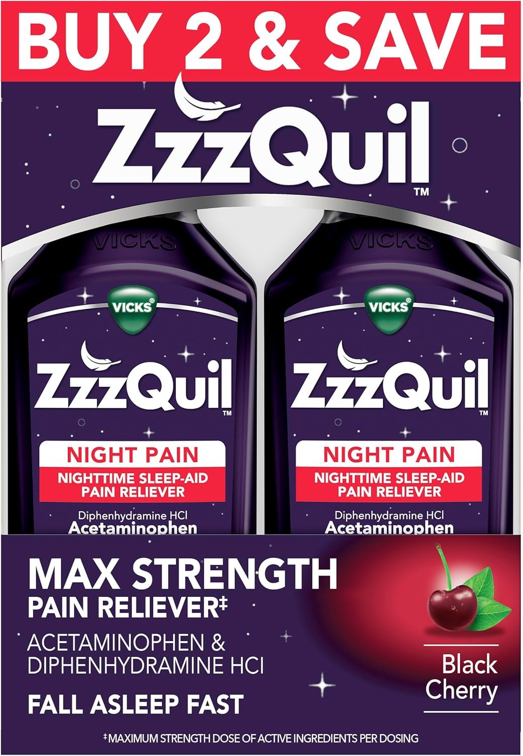 ZzzQuil Liquid Max Strength Pain Reliever, Nighttime Sleep Aid Liquid, Acetaminophen 1000mg, Diphenhydramine 50mg HCI, Non-Habit Forming, Black Cherry Flavored, 2 Pack, 24 FL OZ