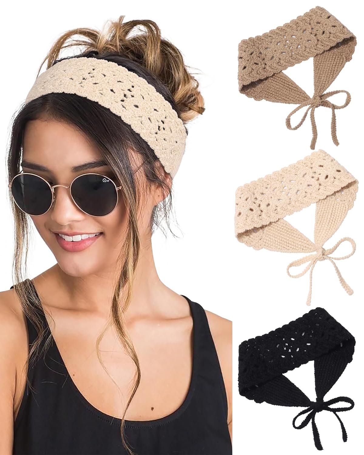 HAIMEIKANG Hippie Hair Bandana Headbands for Women Boho Headband Knit Hair Bands Floral Head Wrap for Women and Girls(Black+Beige+Coffee)