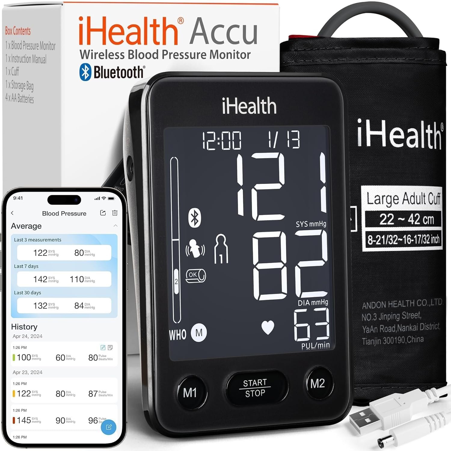 iHealth Accu Blood Pressure Monitor – 4.5″ Large LCD(Black), Clinically Accurate, Irregular Heartbeat Alert, Body & Cuff Detection, Bluetooth Sync, Large 8.6″–17″ Cuff– Easy for Seniors & Adults