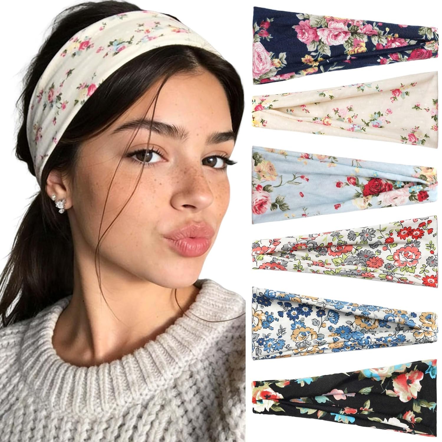 6 Pack Headbands For Women Boho Headband Floral Wide Hair Bands Soft Sweat Band Fashion Head Band Workout Yoga Bandana Hairband Elastic Easter Hair Accessories