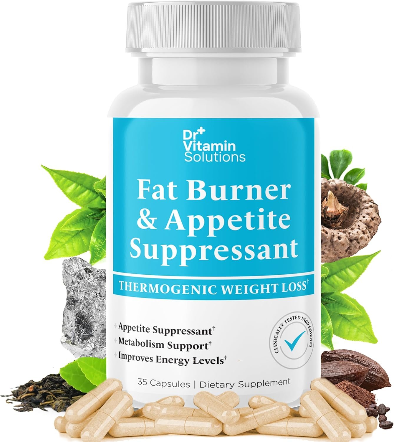 Fat Burner & Appetite Suppressant for Weight Loss Diet Pills for Women & Men – Thermogenic Metabolism Booster with Glucomannan, Chromium, Caffeine, Green Tea Extract – Non-GMO – 35 Capsules Dr Vitamin
