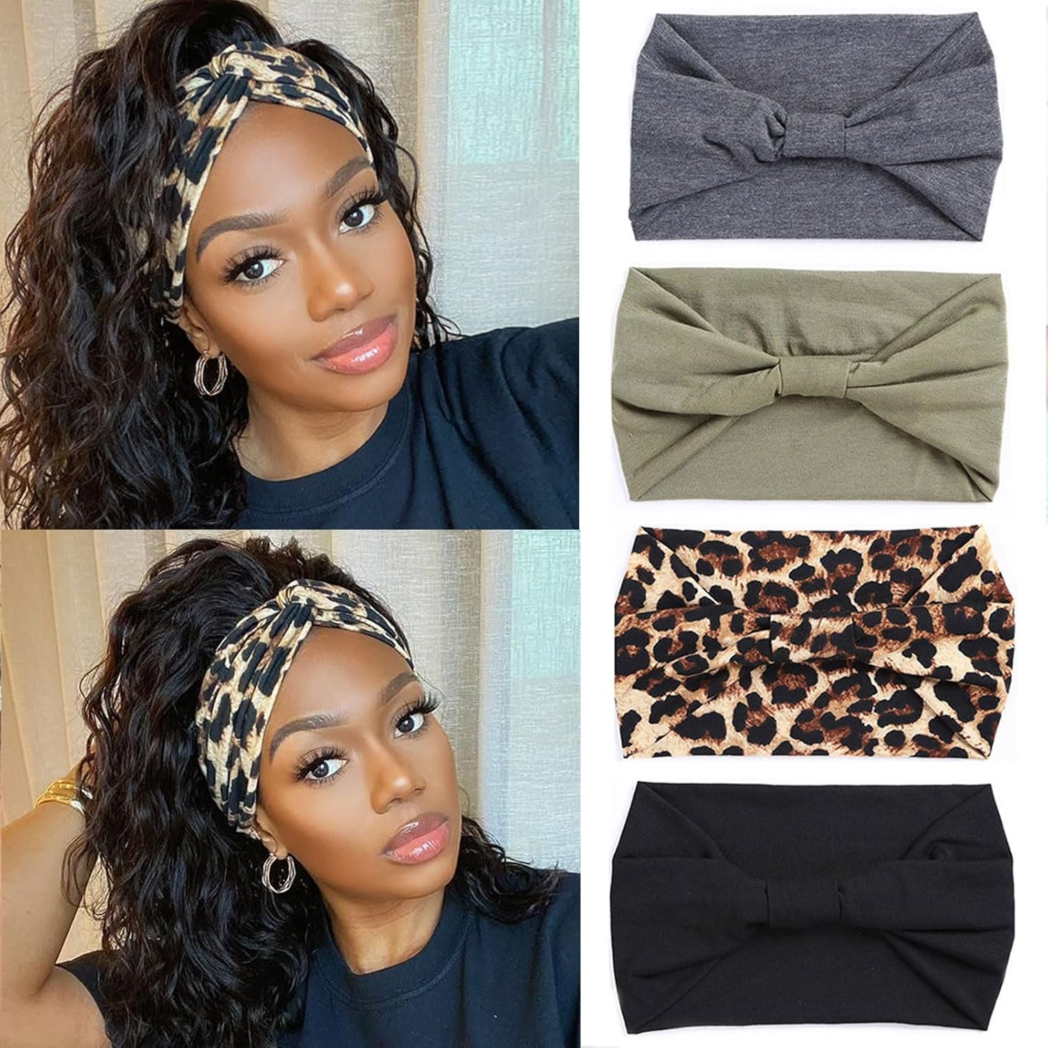 XTREND 4 Packs Wide Headband Fashion Personality Headscarf Bohemian Style Elastic Knotted Non-slip Headband Suitable For Black Women’s wig Outdoor Yoga Sports Running Printed Hair Accessories