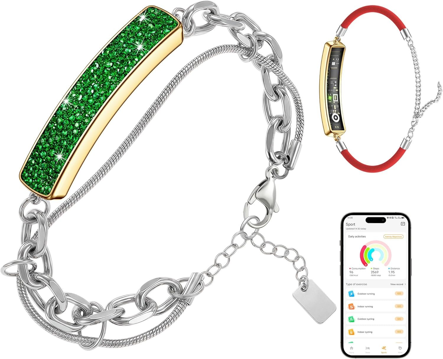 Smart Bracelet for Women, Health Activity Fitness Trackers, 24/7 Heart Rate, HRV, Blood Oxygen & Stress Monitor, 24H Sleep Tracker, Free APP for iOS & Android, Red (Green&Silver)