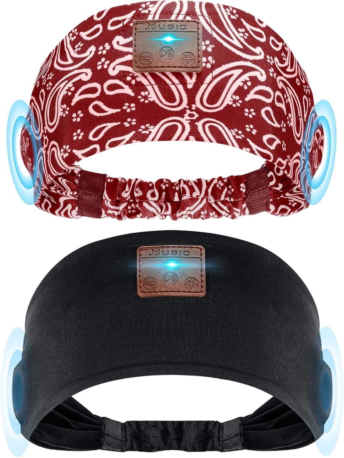2-Pack Sleeping Headphones, Headband Headphones with Ultra-Thin HD Stereo Speaker, Bluetooth Headband for Sports, Workouts, Insomnia, Yoga, Air Travel, Meditation – Black&Pattern Red