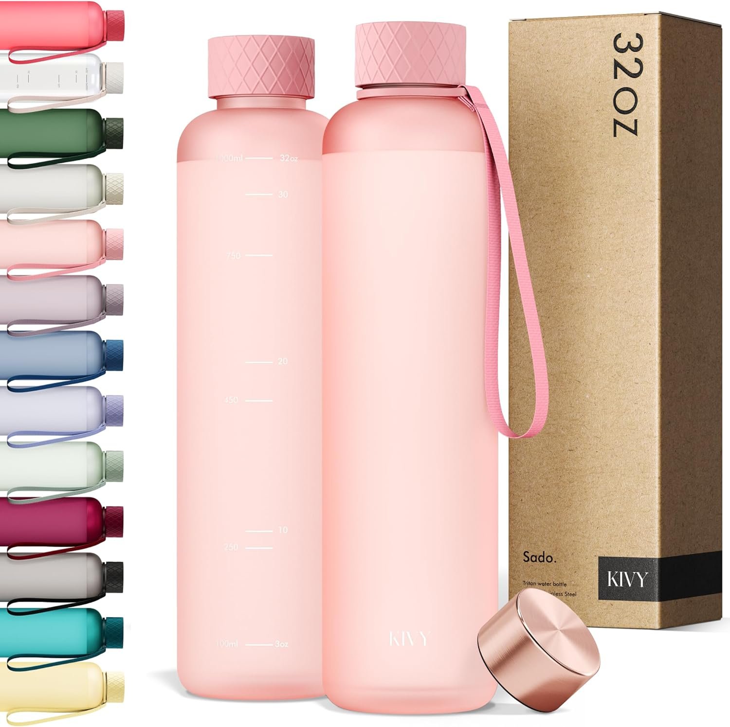 KIVY Slim Water Bottle 32oz [Lightweight & Shatterproof] Fits Backpack & Cupholder for Travel, Sports, School, Gym – Rose gold, Pink bottle no straw – Gym water bottle for women – Dishwasher Safe