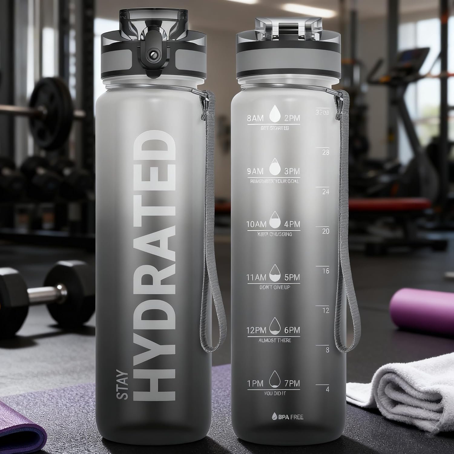 Water Bottle, 32oz Motivational Water Bottles with Time Marker to Drink, Wide Mouth with Carry Strap, BPA Free & Leak Proof, for Gym Fitness Outdoor（Grey&Black）