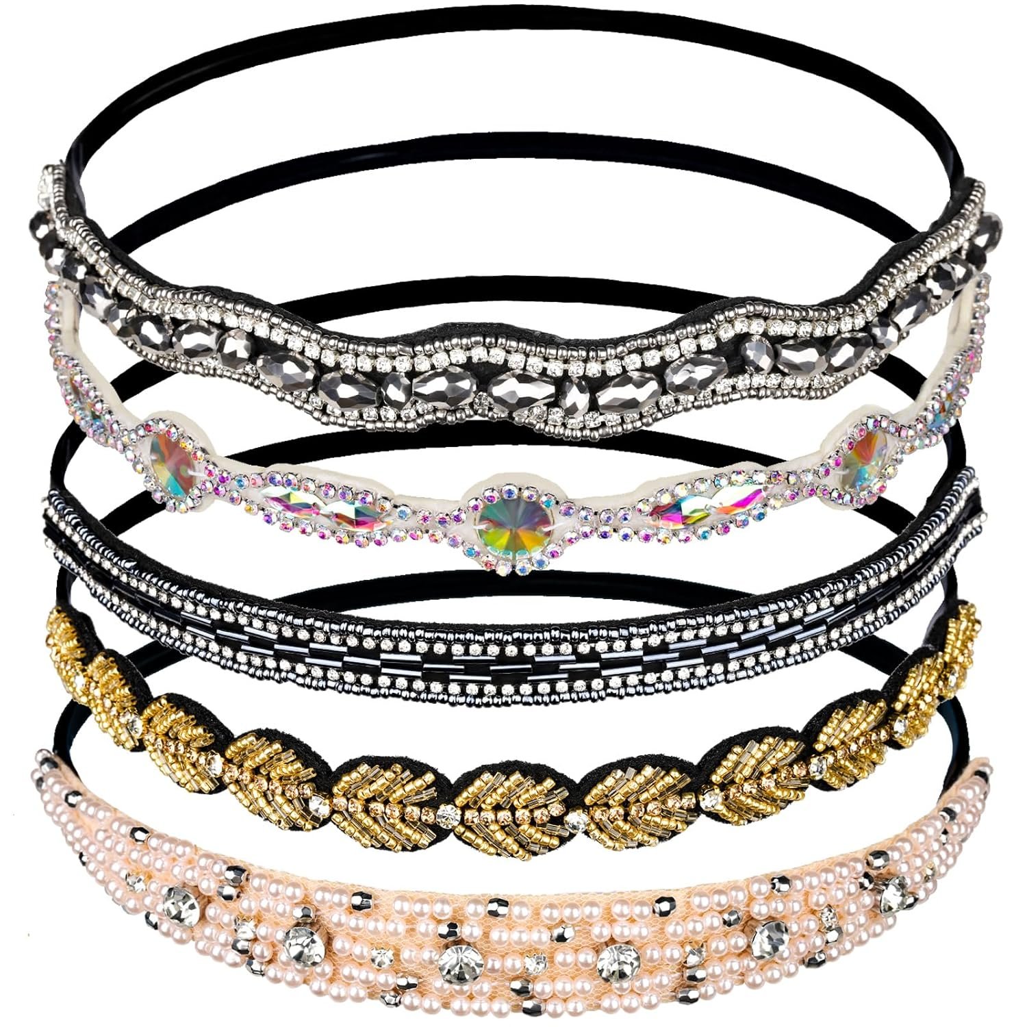 Teenitor 5pcs Elastic Rhinestone Beaded Headbands, Jeweled Head Bands for Women’s Hair, Hair Headbands Hat Bands for Women Girls