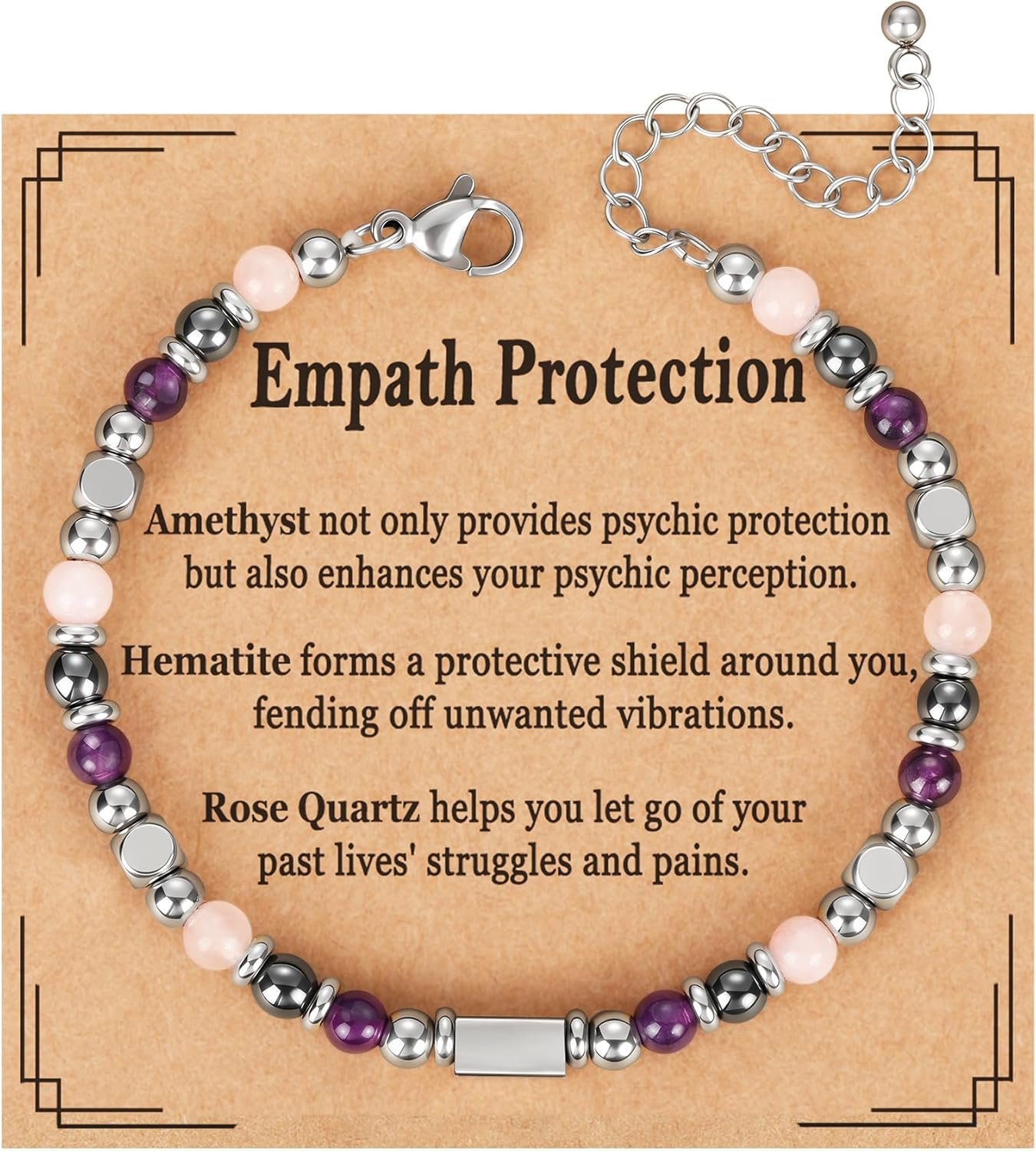 Natural Healing Crystal Bracelet for Women, Triple Protection Anxiety Relief New Beginnings Good Luck Empath Protection Jewelry Gift for Friends Daughter Mom 6.5+1.8 Inches