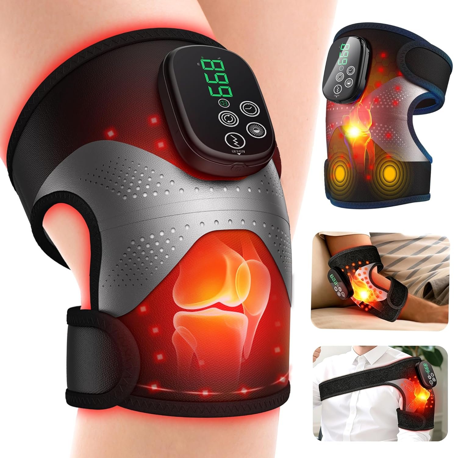 Knee Massager with Heat and Red Light Therapy, Knee Brace with Vibration, 5000mah Wireless Cordless,660nm & 850nm Red Light Therapy Adjustable Knee Wrap for Knee/Elbow/Shoulder Pain Relief