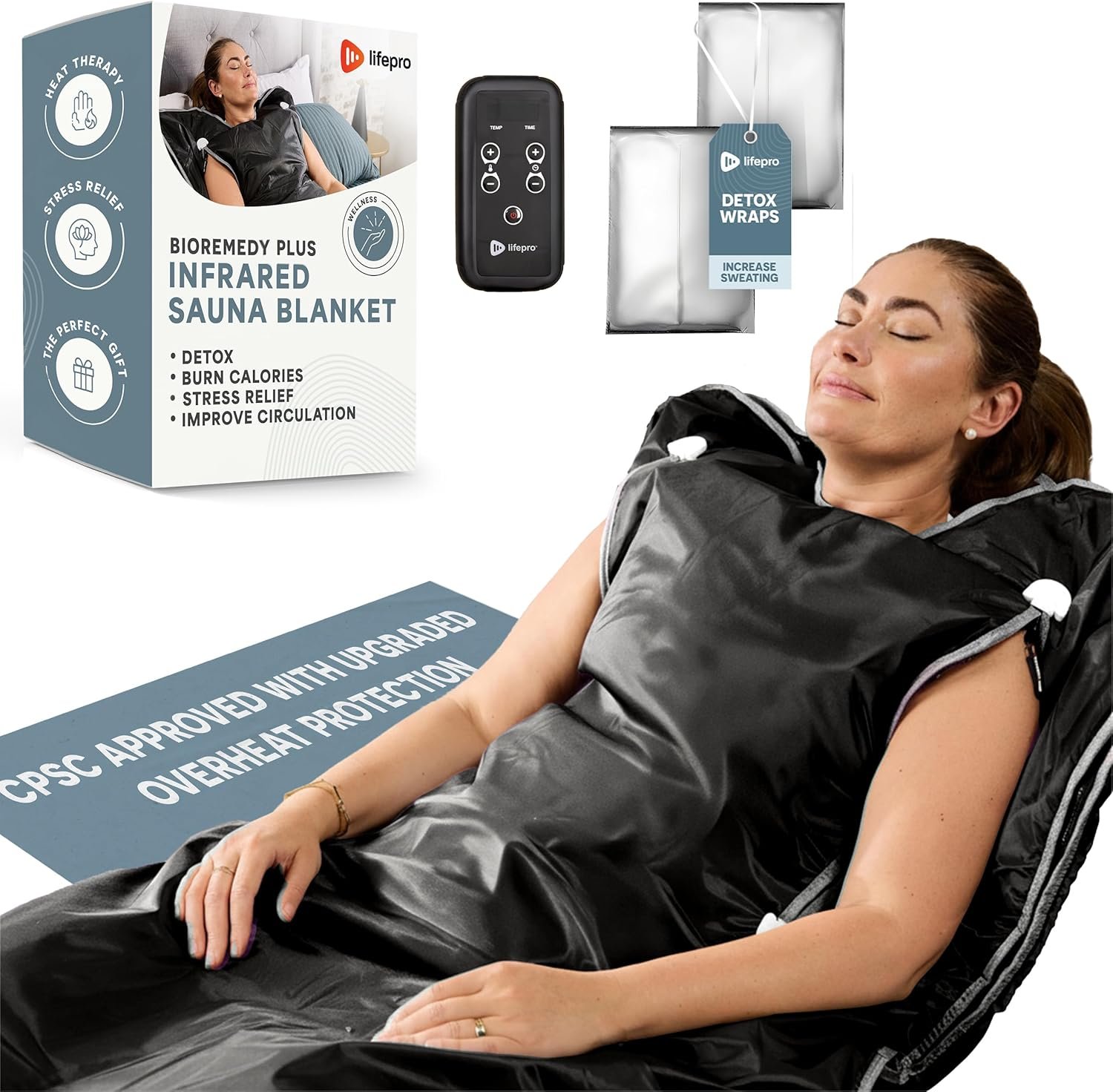LifePro BioRemedy Plus Far Infrared Sauna Blanket with Detox Wrap – Dual-Layer Carbon Fiber Heating Foldable Home Sauna Blanket – Adjustable Temp (86–158°F) & 20–60 Min Timer For Relaxation & Wellness