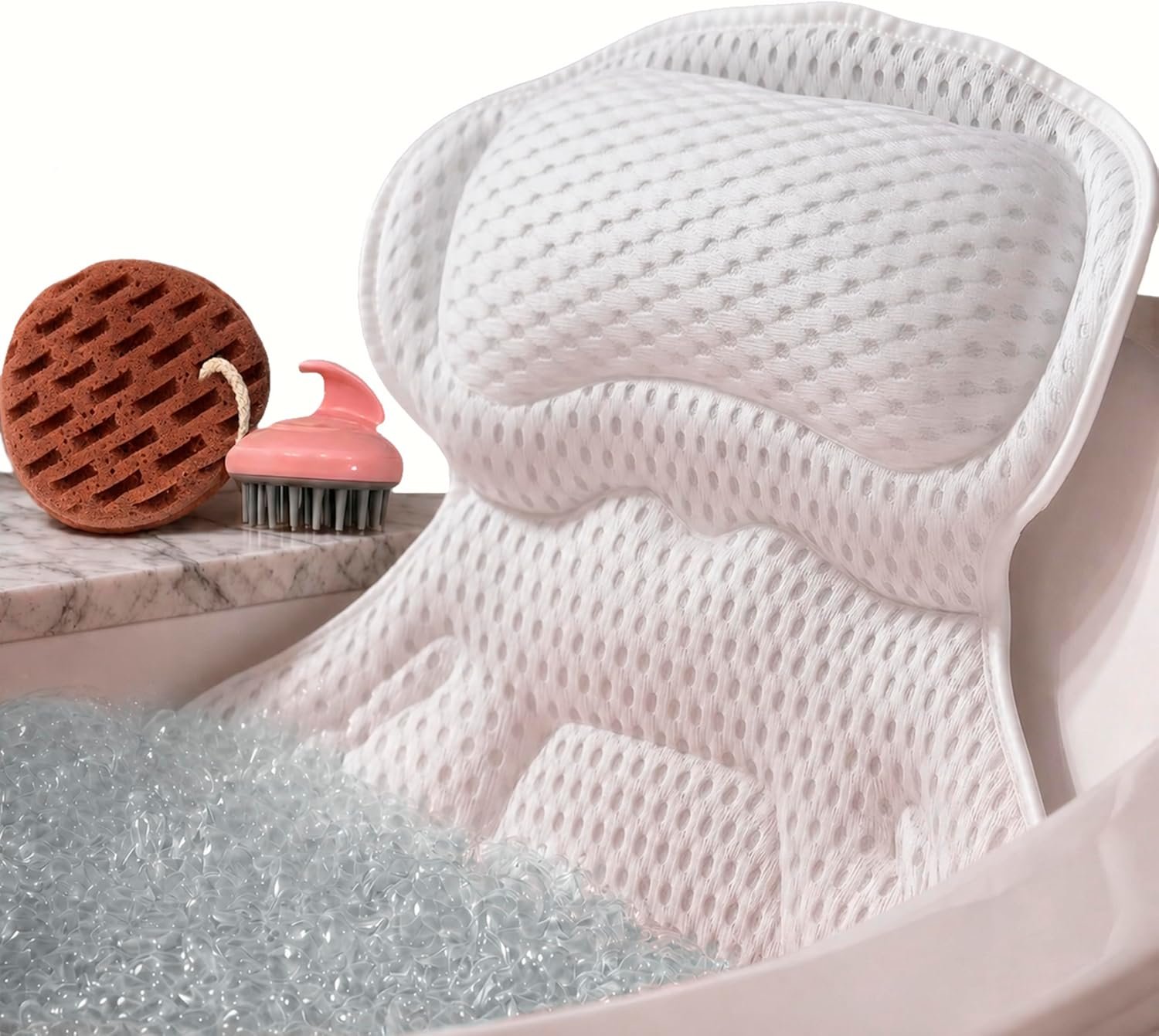 Bath Pillow for Tub Neck and Back Support, Luxury Bathtub Pillow with Soft 4D Mesh, Non-Slip Suction Cups, Spa Bath Accessories Gift Set for Women with Bath Sponge & Scalp Massage Brush