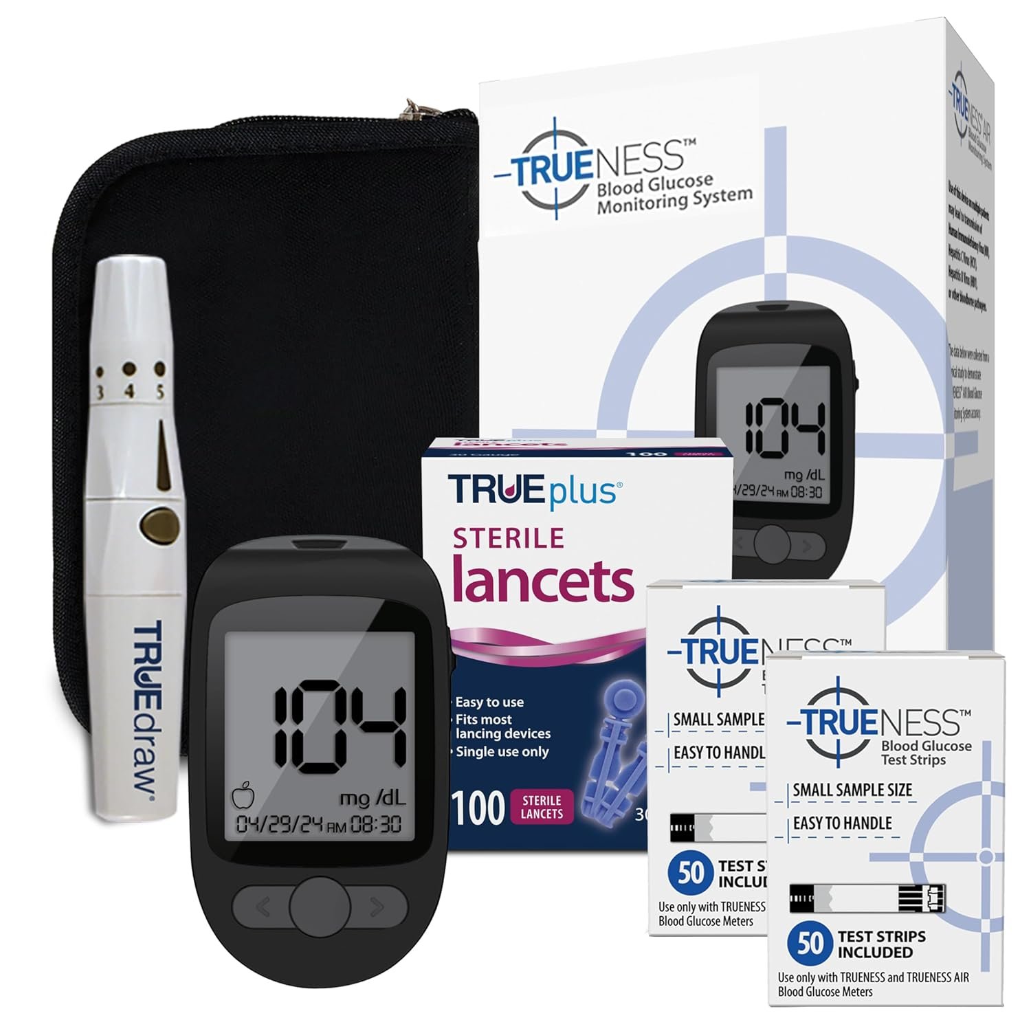 TRUENESS Blood Glucose Meter Bundle – Blood Glucose Monitor, Case, 100 Test Strips, 100 Lancets, Lancing Device – Fast, Easy Testing Supplies for Home Use