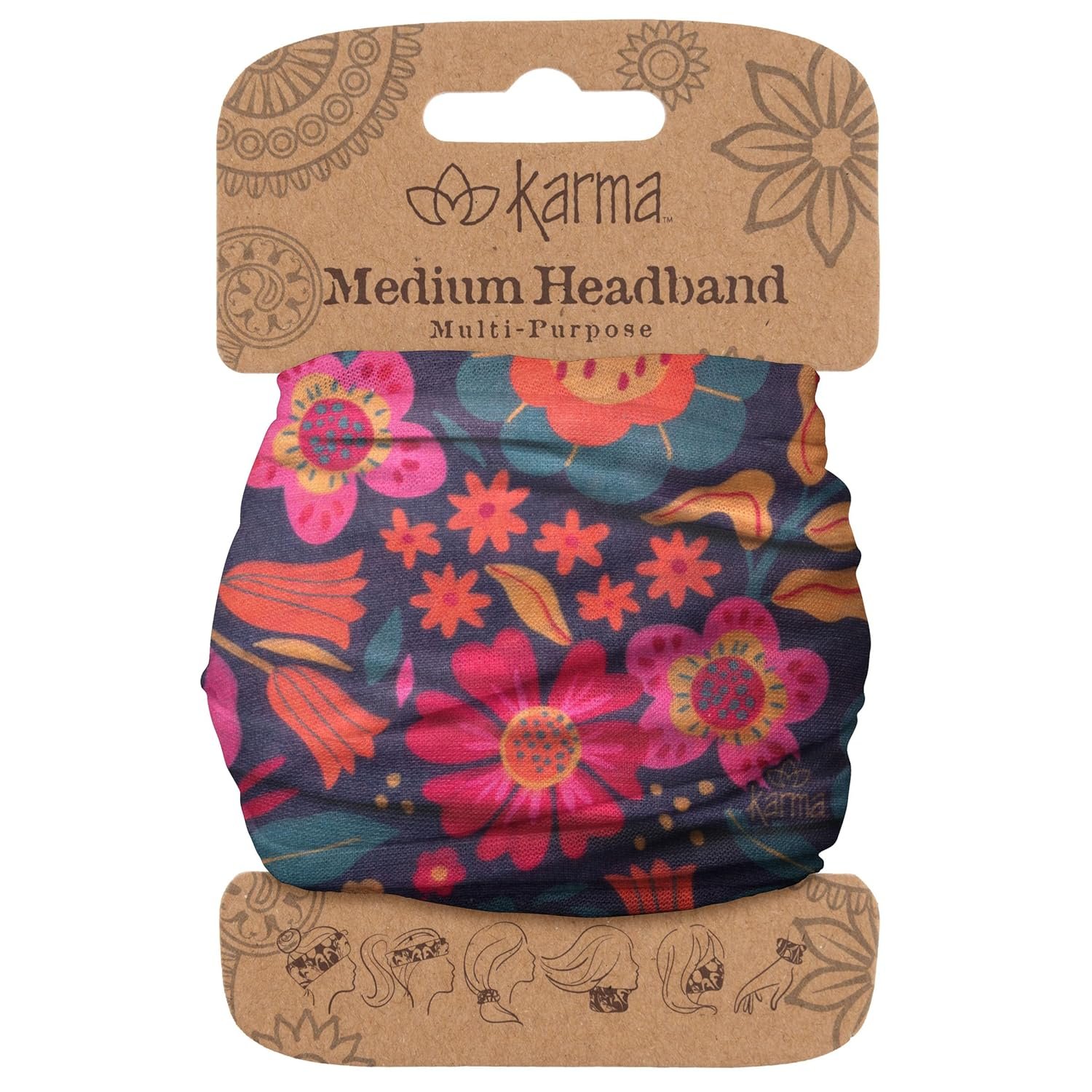 Karma Retro Floral Headband for Women – Medium – Fabric Headband and Stretchy Hair Scarf – Purple