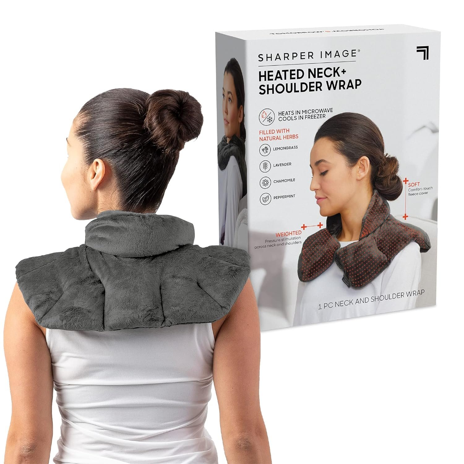 Sharper Image Heated Neck & Shoulder Wrap – Microwavable Warm & Cooling Plush Pad, Scented Aromatherapy (100% Natural Lavender & Herb Spa Blend), Pain Tension Headache Relief Therapy, Gift for Women