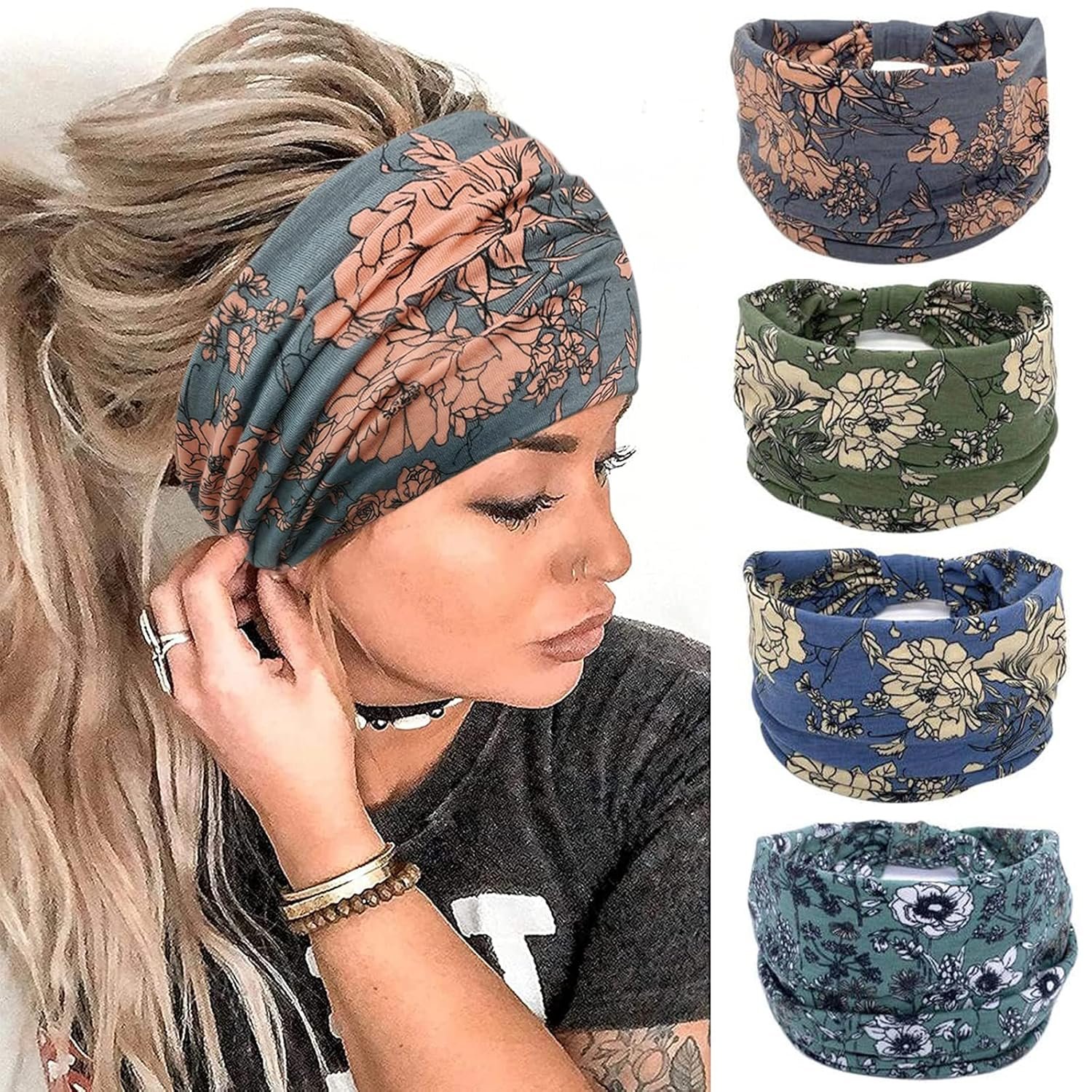 YONUF Wide Boho Headbands for Women Fashion Knotted Headband Yoga Workout Hair Accessories African Head Wrap 4 Pack