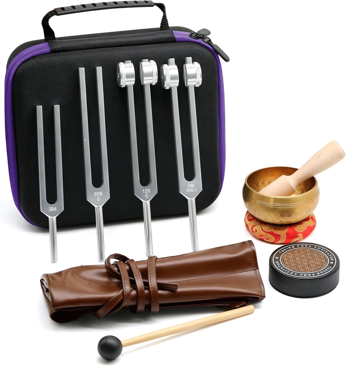 Healing Tuning Forks Set 136.10, 256, 384, 128 Hz Healing Instrument, Sound Therapy Devices with Singing Bowl for Chakra Solfeggio Essential Yoga Meditation Accessories, Healing Gifts for Women Men