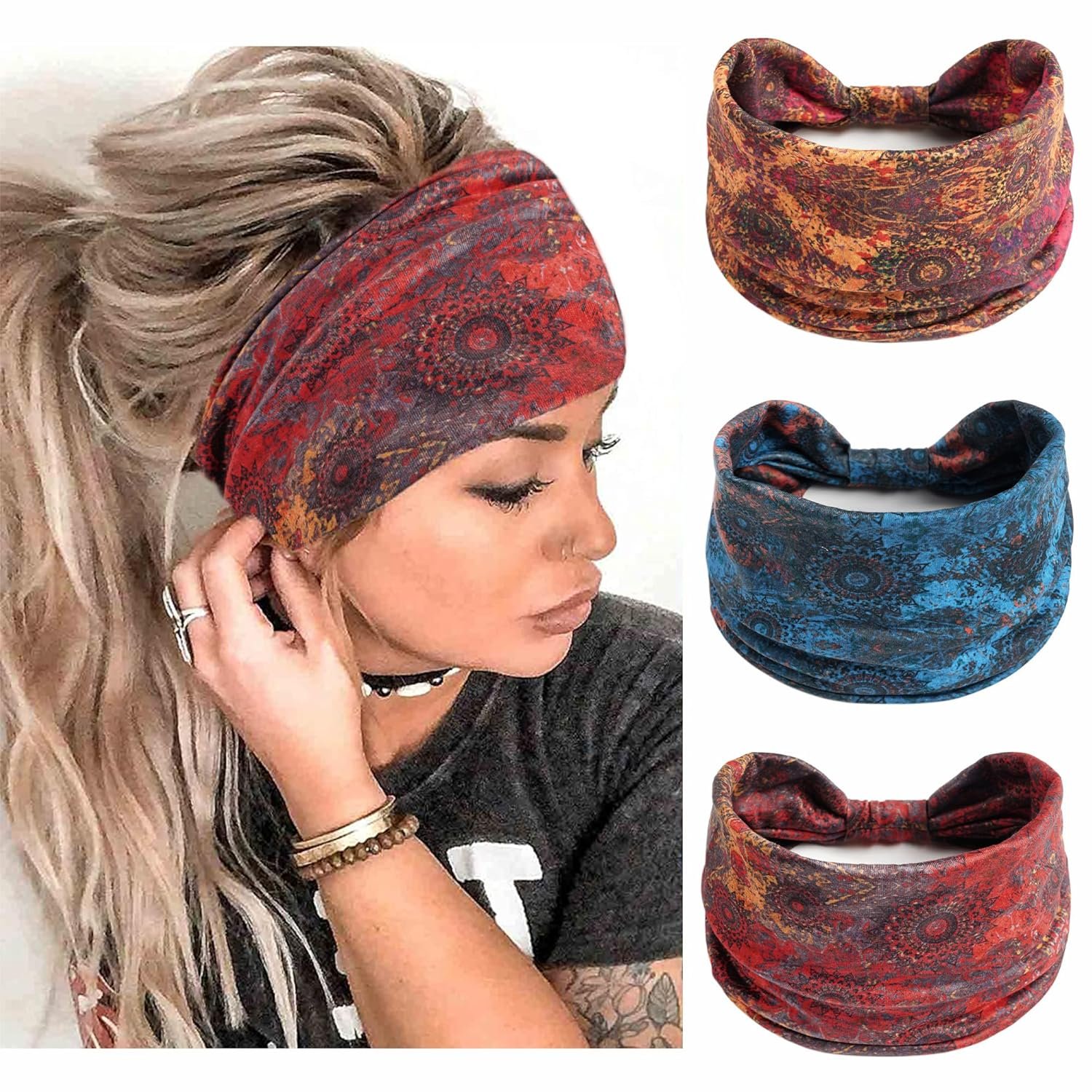 Boho Headbands For Women Fashion Wide Head Band Knoted Sweatband Turban Stretch Hair Bands Yoga Running Elastic Headband Stylish Wrap Headbands Hair Accessories for Teen Girls 3 Pack