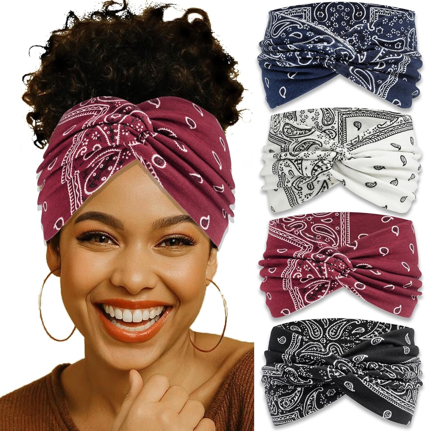 4 Pack Wide Headbands for Women Paisley Twist Hair Bands Stretchy Cross Head Turban Bandana Valentine’s Day Non Slip Exercise Hair Wraps Accessories