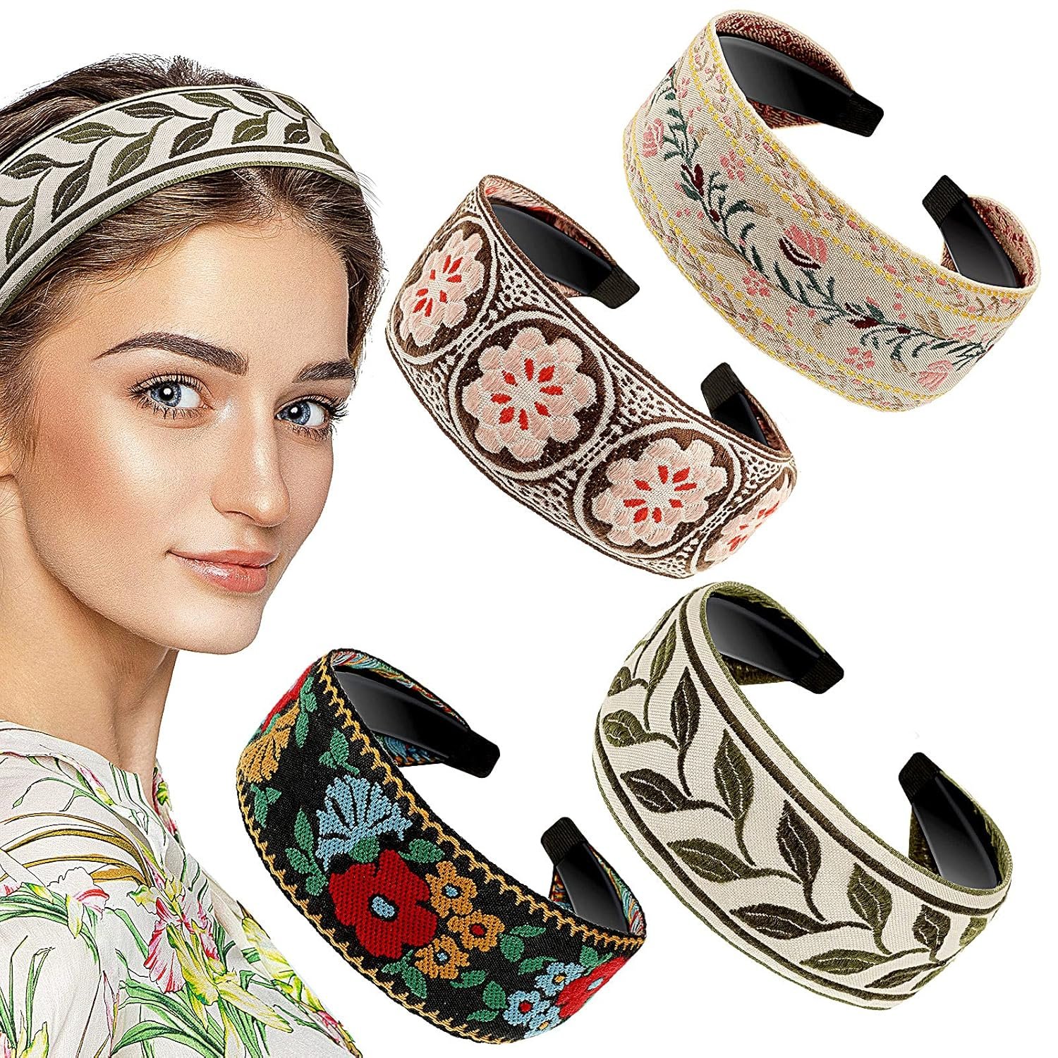 EBOOT 4 Pieces Boho Headband for Women Embroidery Wide Hair Band Bohemia Floral Knotted Wide Headbands Vintage Ethnic Style Girls Accessories(Classic Pattern)