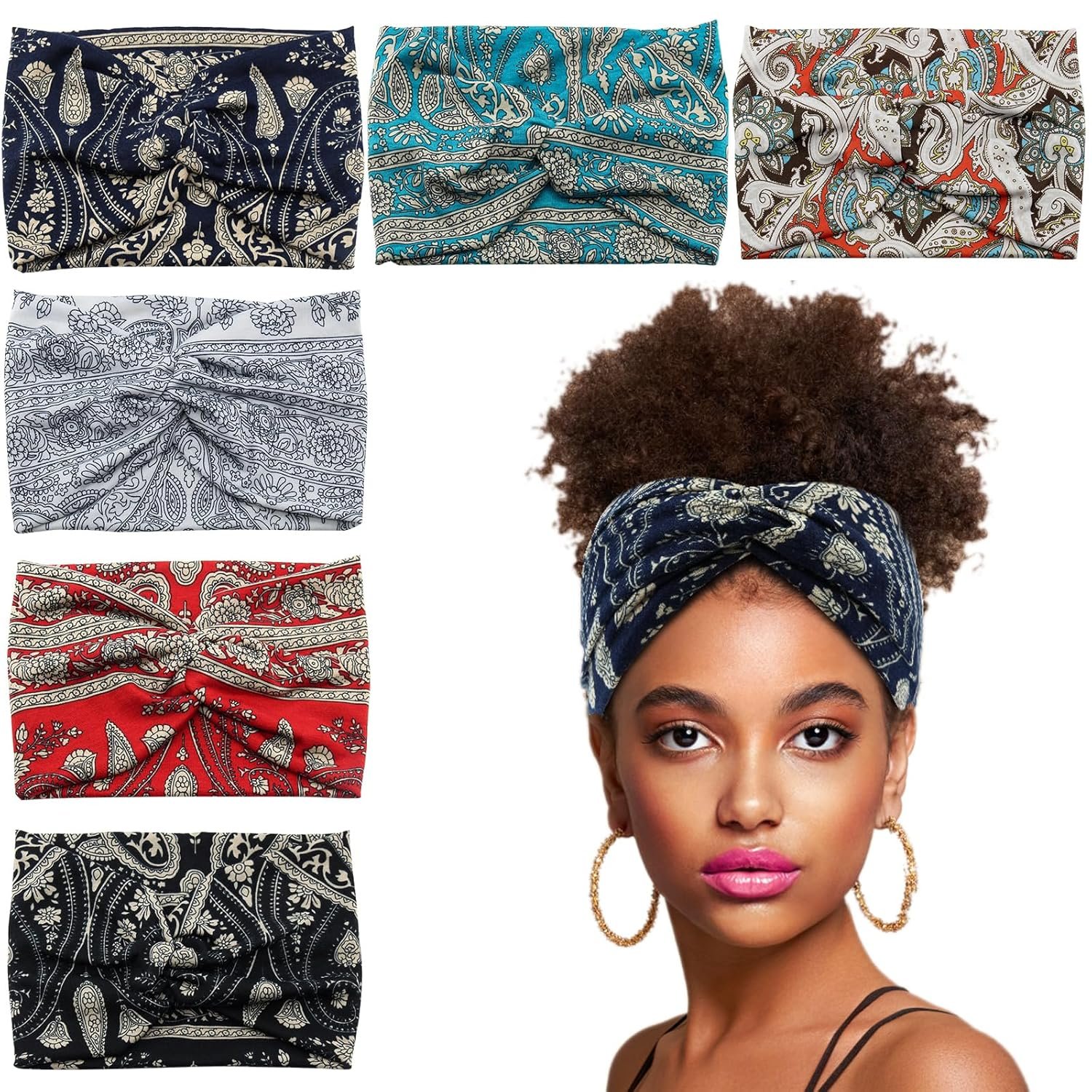 Wide Headbands for Women Girls, Large Bandana Boho Headbands Workout Yoga Running Hair Bands for Women’s Hair, Non Slip Sweat Head Bands,Pack of 6