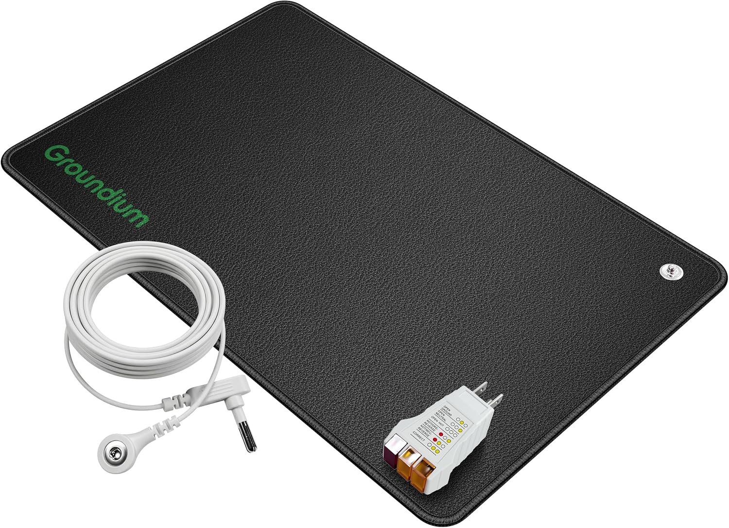Grounding Mat (16.34″ x 25.2″) – Conductive Carbon PU Earthing Pad for Feet, Under Desk, and Bed – Static Discharge and Ambient Voltage Reduction – Includes 16.4ft Cord and Outlet Tester
